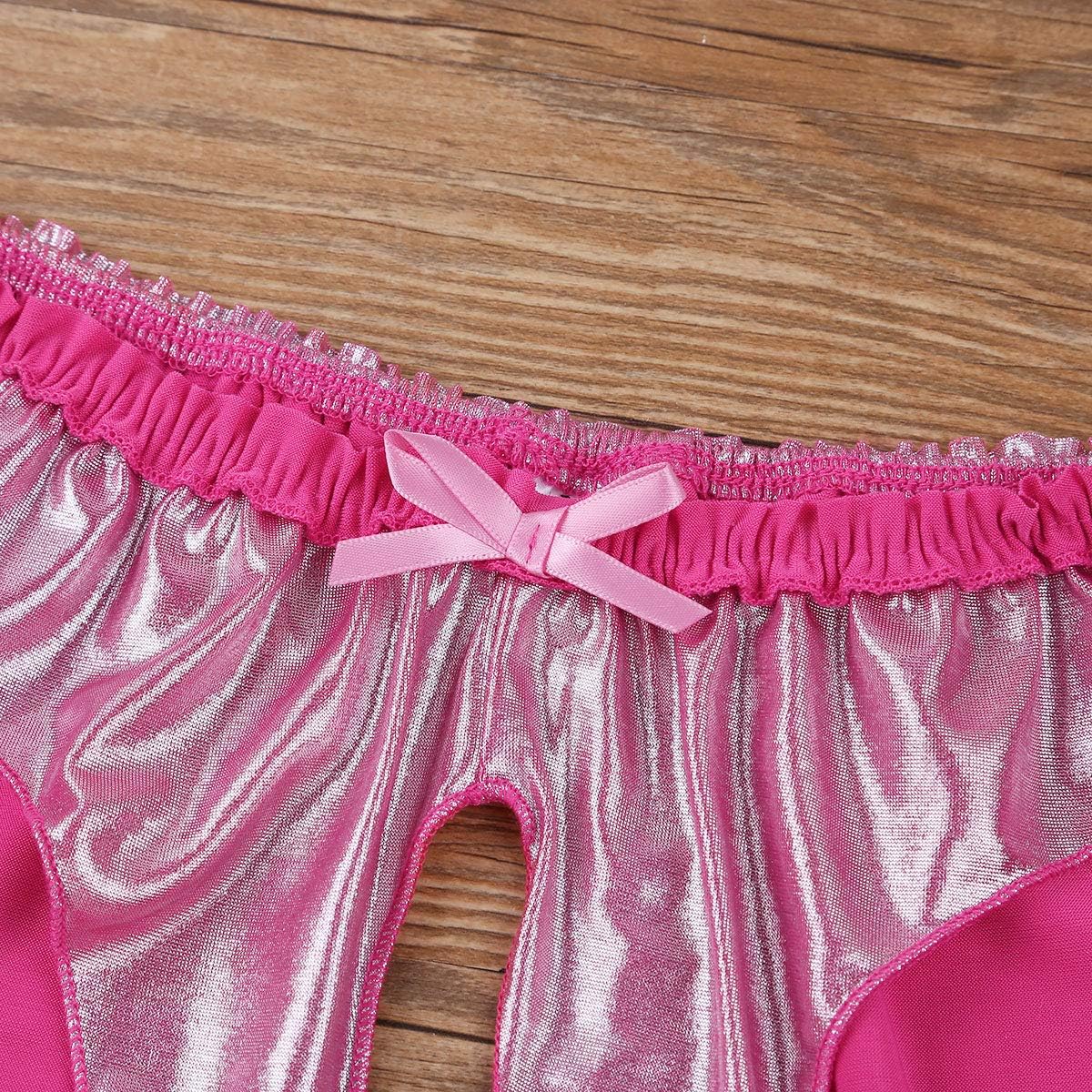Agoky Men's Satin Frilly High Cut Thong Crotchless Panties Sissy Briefs Lingerie Underwear