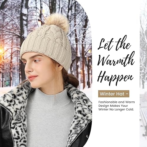 Miniatura 2 de Avisky Womens Winter Knitted Beanie Hat with Faux Fur Winter Hats for Women Fur Pom Warm Knit Skull Cap Thick Beanie Hat