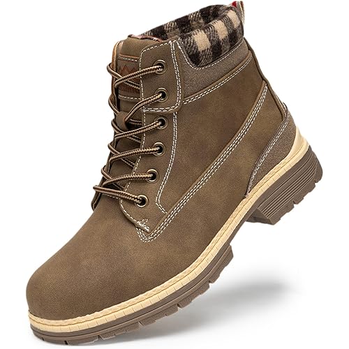 COTTIMO Snow Hiking Winter Boots for Women - Casual Brown Combat Work Boot - Non-slip Fur-Lined Ankle Boots - Fashion Boots Waterproof Leather Shoes