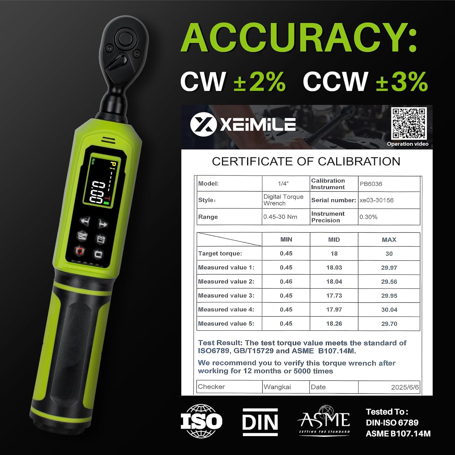 Digital Torque Wrench 1/4" Drive-4-266In.Lb/0.45-30N.m, Electric Torque Wrench With Vibration Buzzer LED Indicator,±2% Accuracy Five Units for Bike Motorcycle Car Auto Repair,DIY,Green Black