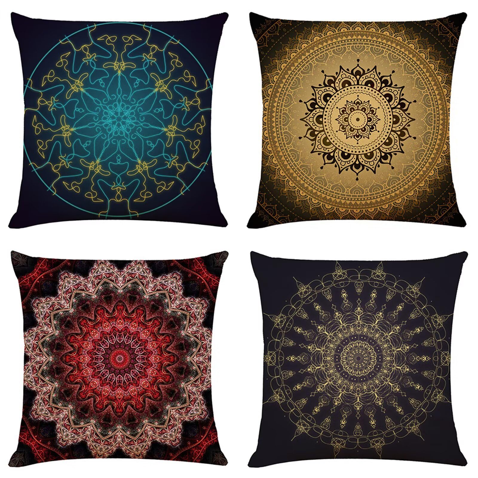 Juego de 4 Impermeable Funda de Cojín Mandala de ensueño,55x55cm Moderno Suave Transpirables Lino Fundas de Almohada Cojines Decorativos con Cremallera Oculta para Exterior Sofá Cama Coche Hogar