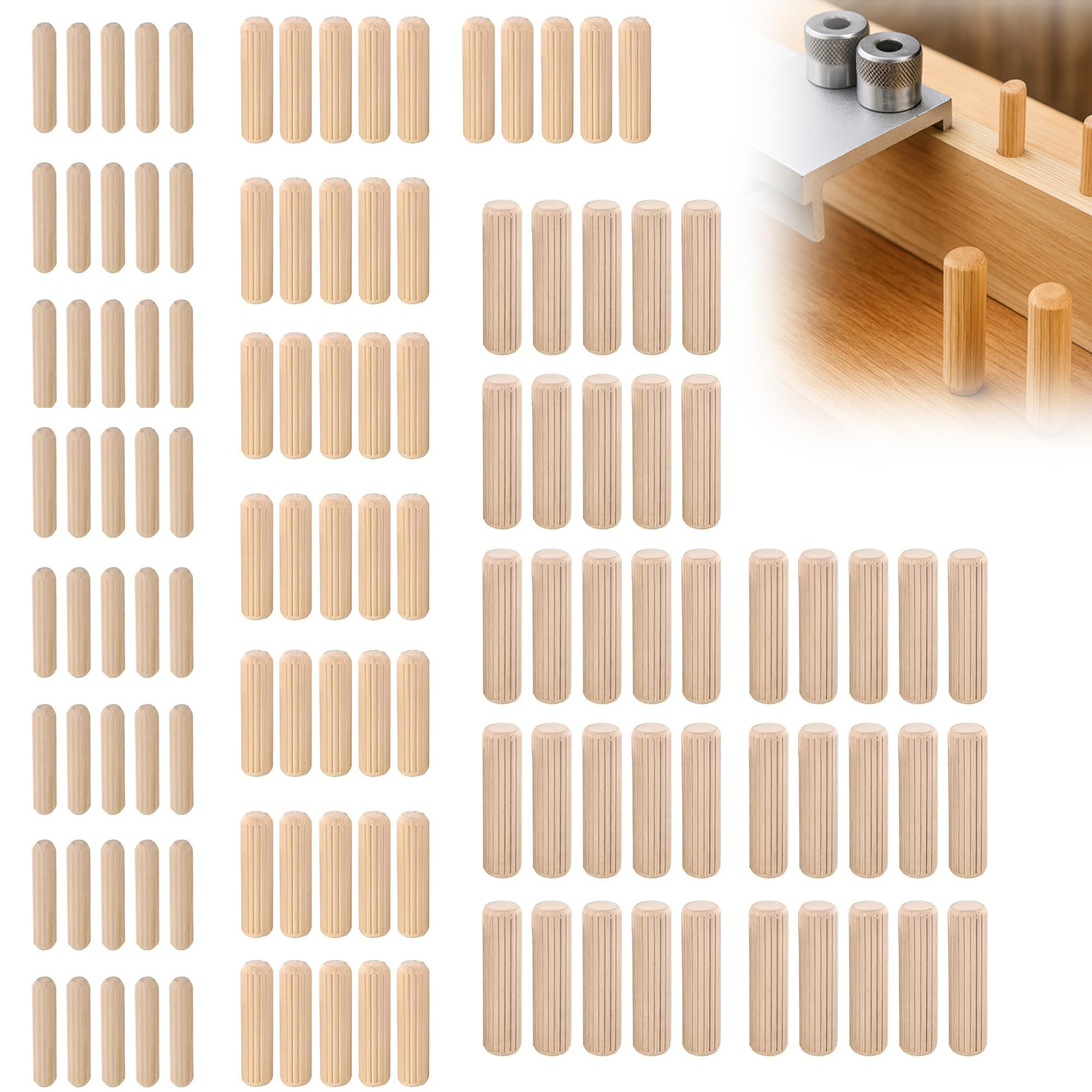 120 Pcs Wooden Dowels 10mm 8mm 6mm, Wood Dowels Pins, Wooden Plugs, Hard Wood Grooved Plugs Furniture Woodwork Grooved Fluted Pin Craft
