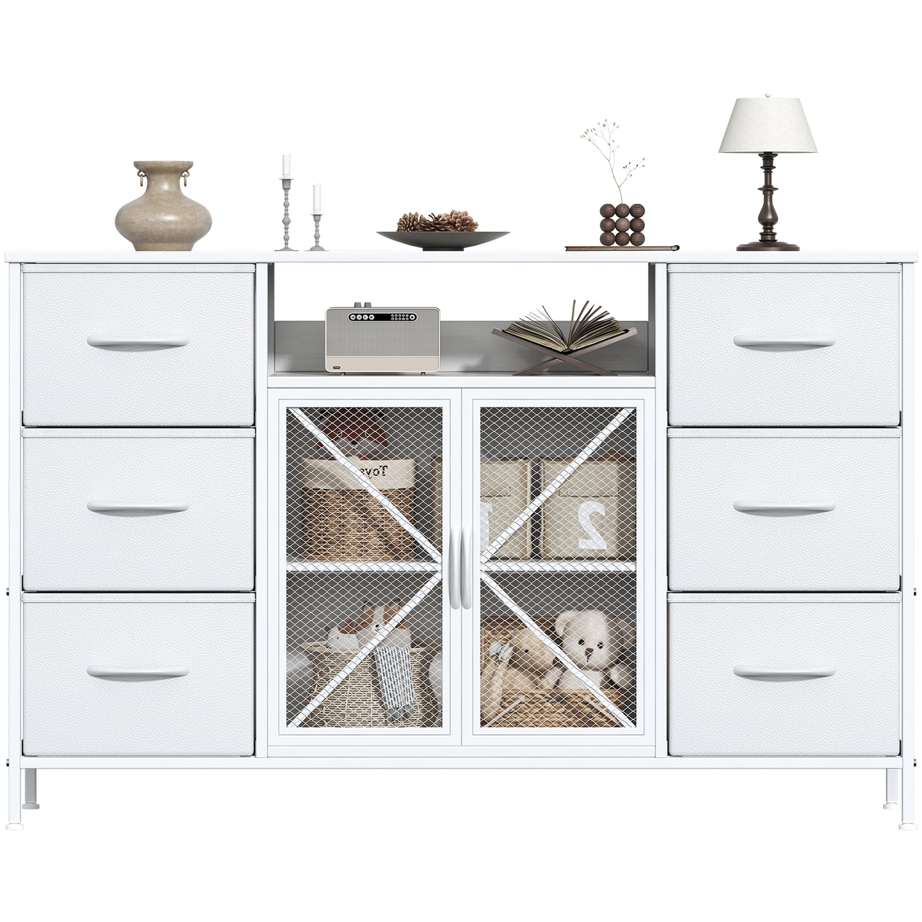 Feonase Chest of Drawers with 6 Drawers& Mesh Doors,Bedroom Drawers, Fabric Dresser with Wood Top,TV Stand Storage Unit for Bedroom, Living room(White)
