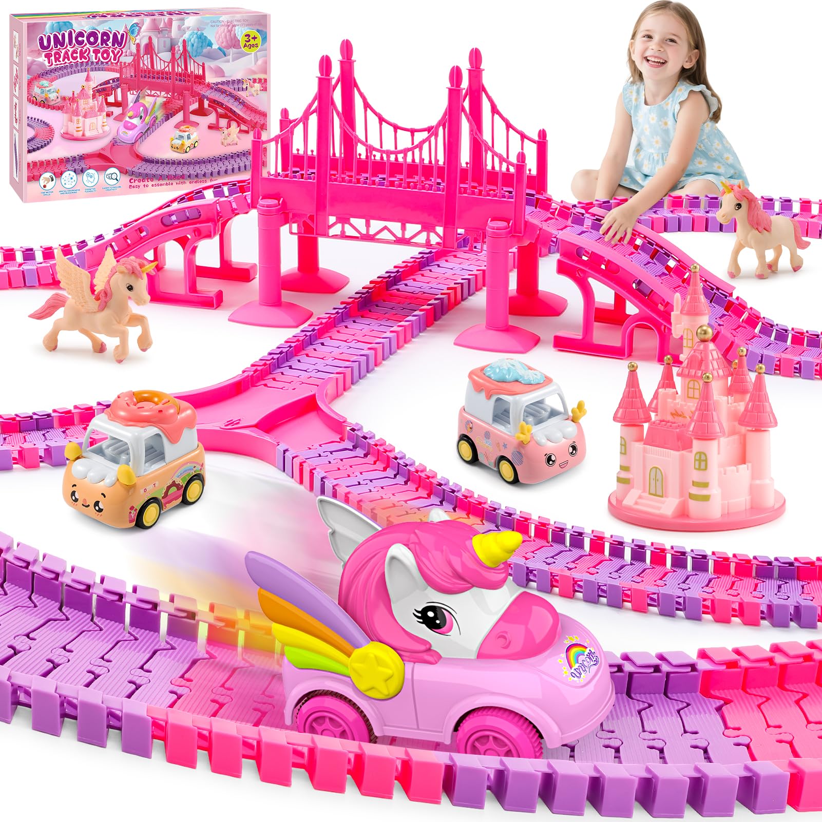 iKidiki Unicornios para Niñas 3 4 5 6 7 8 Años, Pista de Coches para Niños Regalo Juguetes Niña 3-8 Años Pista Coches Flexible Juguetes para Niñas Pistas Tiburon Niña Regalos Cumpleaños Niños