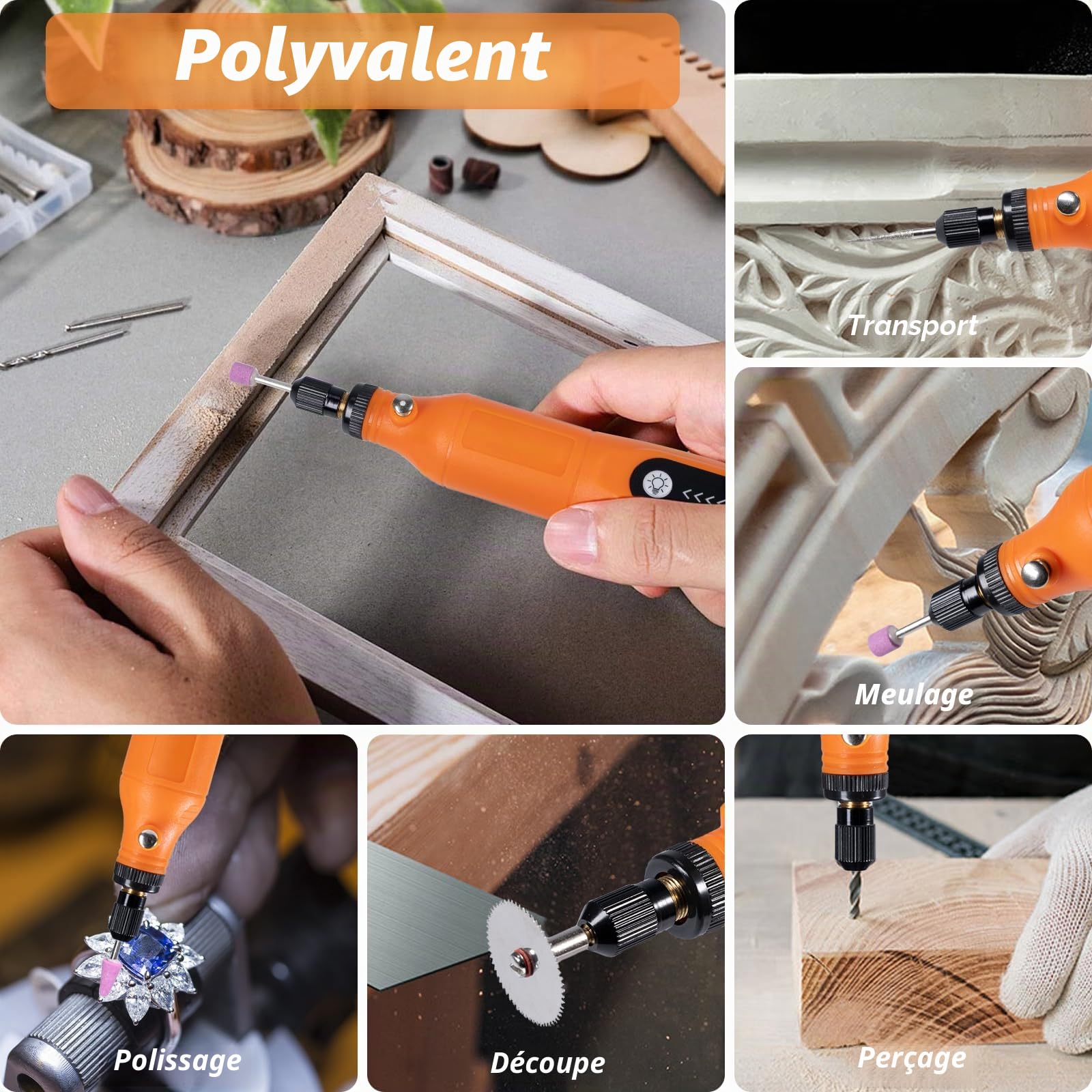 Outil Multifonction sans fil avec Lumière LED, Mini Perceuse 3 Vitesses (5000-15000 rmp), Mini Ponceuse kit 3,7 V avec 58 Accessoires pour Percer Graver Polir Poncer Dérouiller