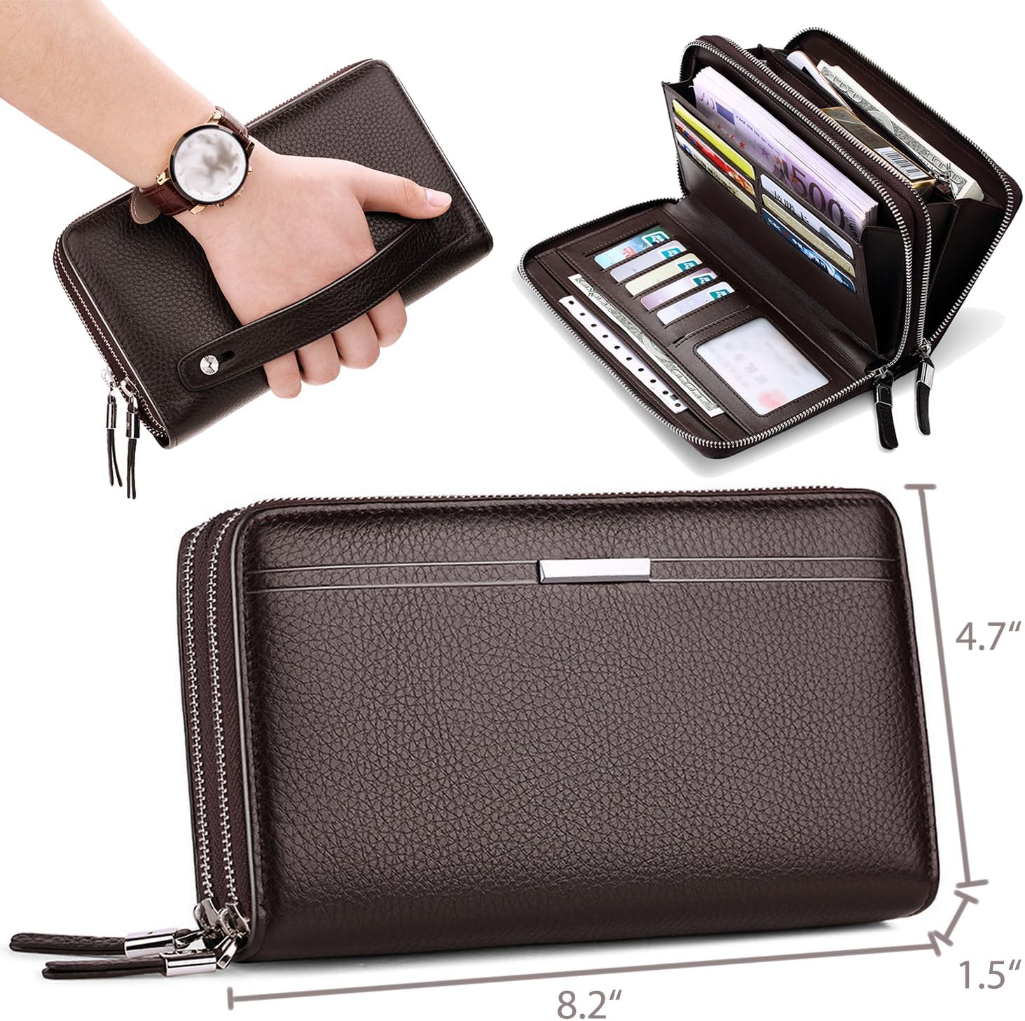 Long Wallet for Men with 12 Card Slots, Waterproof Leather Zipper Wallets for Men, Travle Wallet Clutch Men for Phone Cash and Card, Gift for Father Son Husband Boyfriend (Coffee) - Image 2