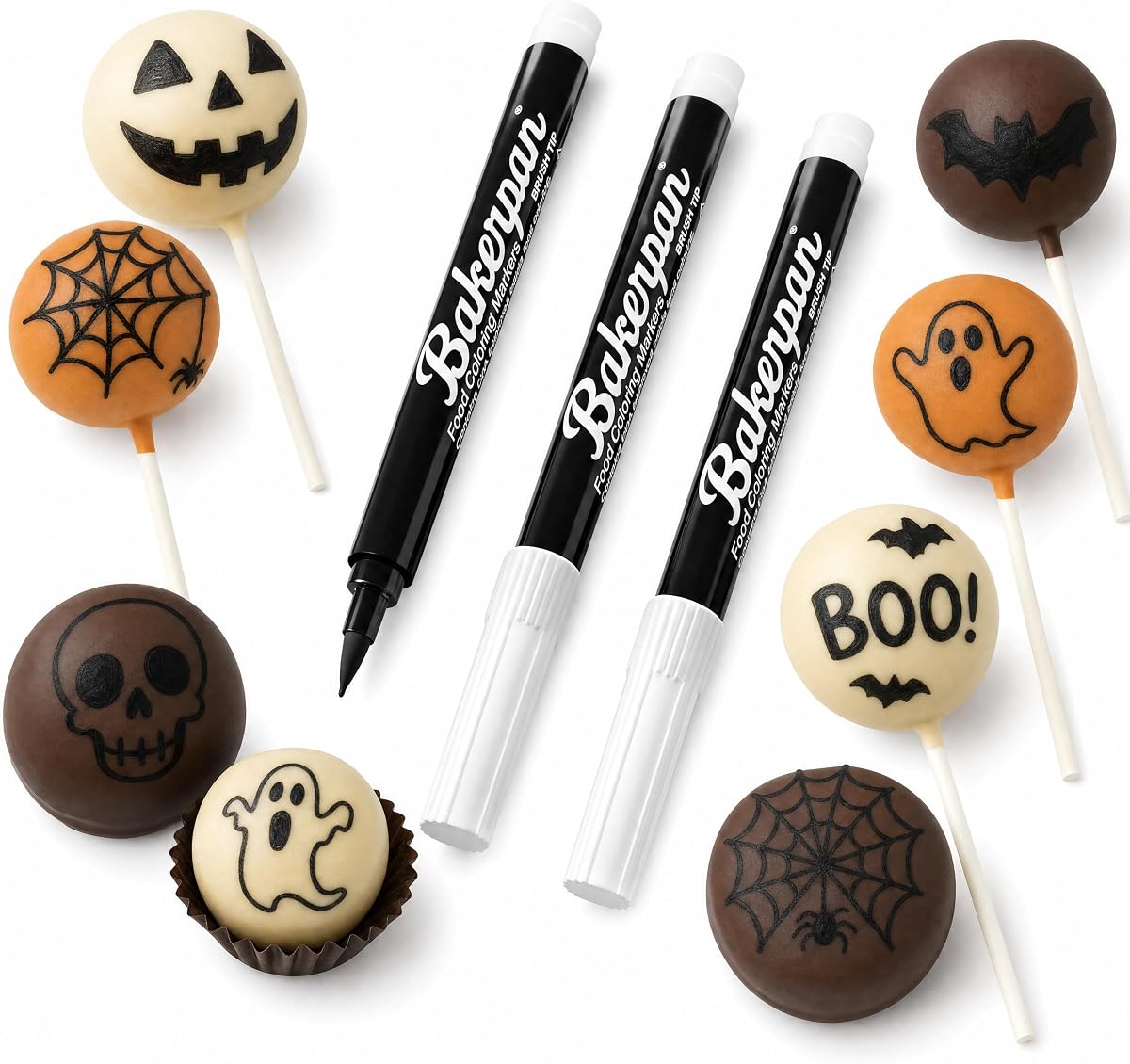 Marcadores comestibles Bakerpan para decoración de galletas – Juego de 3 rotuladores colorantes alimentarios con punta de pincel negro para galletas, glaseado real, fondant, cake pops y dulces derretidos | Hecho en EE.UU.