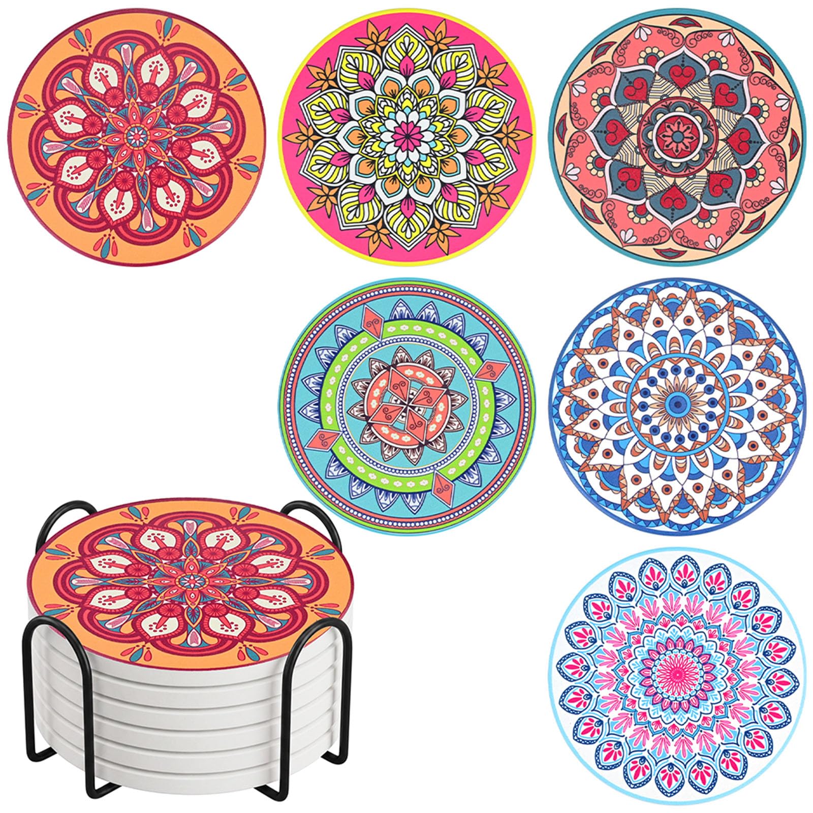 Mandala Ceramic Coasters - Coasters Set of 6 with Metal Holder 10CM Round Drink Coaster for Housewarming Room Bar Fashion Decoration Gift