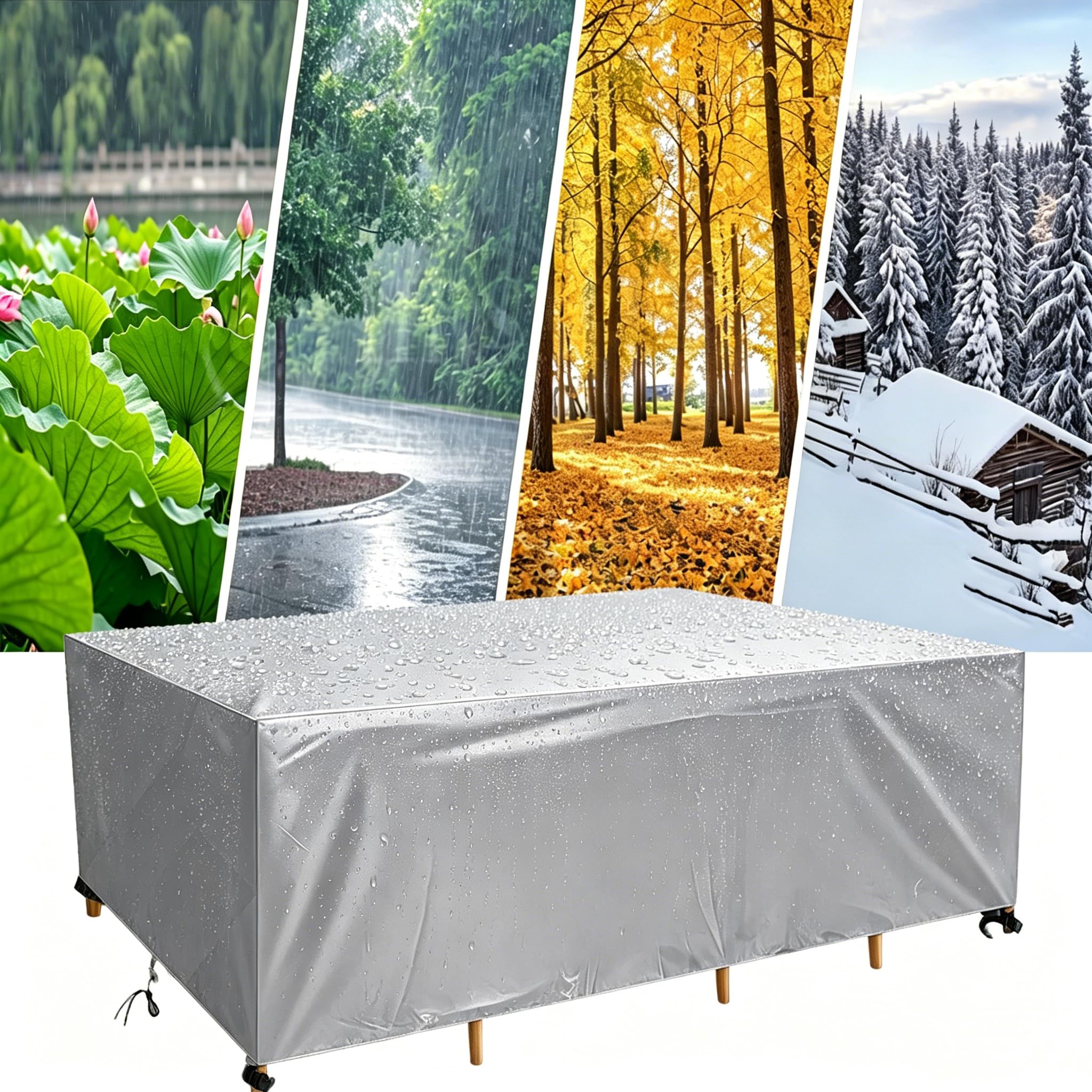 DSRDRFG Large Rectangular Garden Furniture Cover 250x250x90cm/LxWxH Silver, Rattan Sofa Set Cover, Garden Table Covers Waterproof, 420D Oxford Fabric Windproof Anti-UV Rain Snow Dust