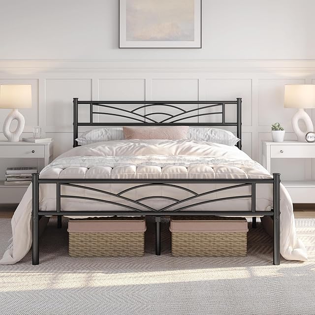 Yaheetech 4ft6 Double Bed Solid Bed Frame with Cloud-inspired Design Headboard and Metal Bed Slats, Ample Under-bed Storage Black