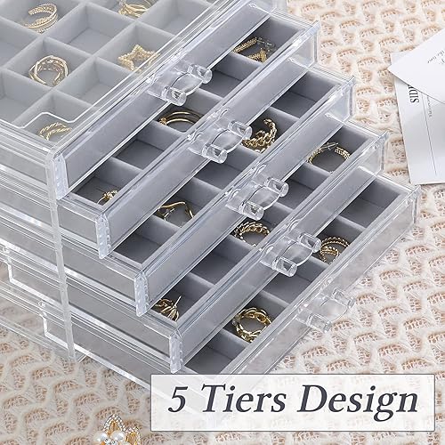 Miniatura 6 de misaya Organizador de aretes de acrílico con 75 ranuras, 5 cajones, organizador de joyas transparente solo para aretes, regalo para mamá, gris