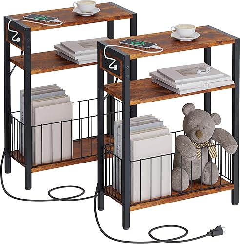 Miniatura 16 de Mesa auxiliar estrecha con estación de carga, mesa auxiliar pequeña para espacios pequeños, mesita de noche delgada con cesta de almacenamiento,