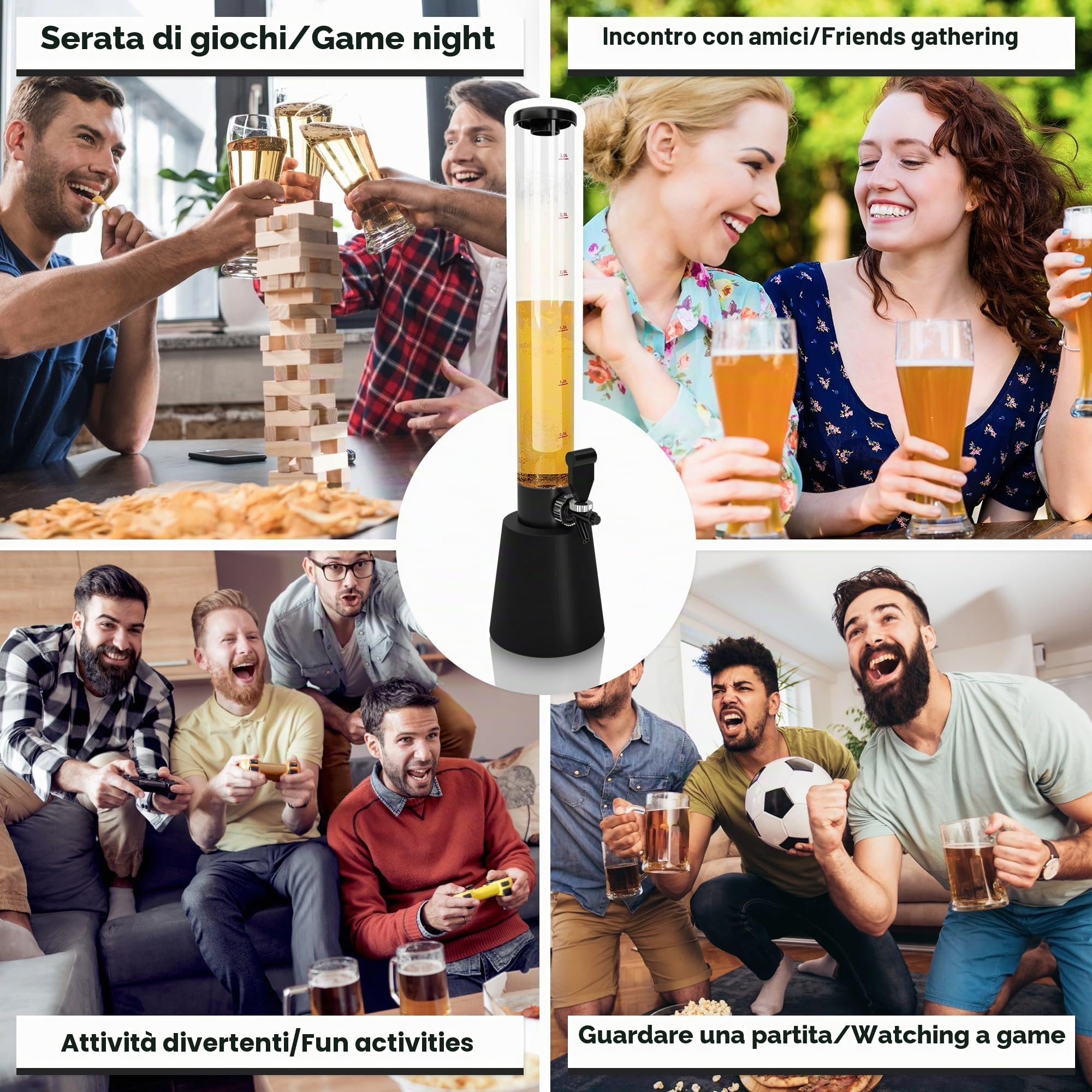 Jago® Distributore di Birra - Set da 3, capacità Massima 3,5 l, Altezza 90 cm, con Rubinetto e Tubo di Ghiaccio, in Plastica Senza BPA - Spillatore, Dispenser, Giraffa, Torre, Bevande