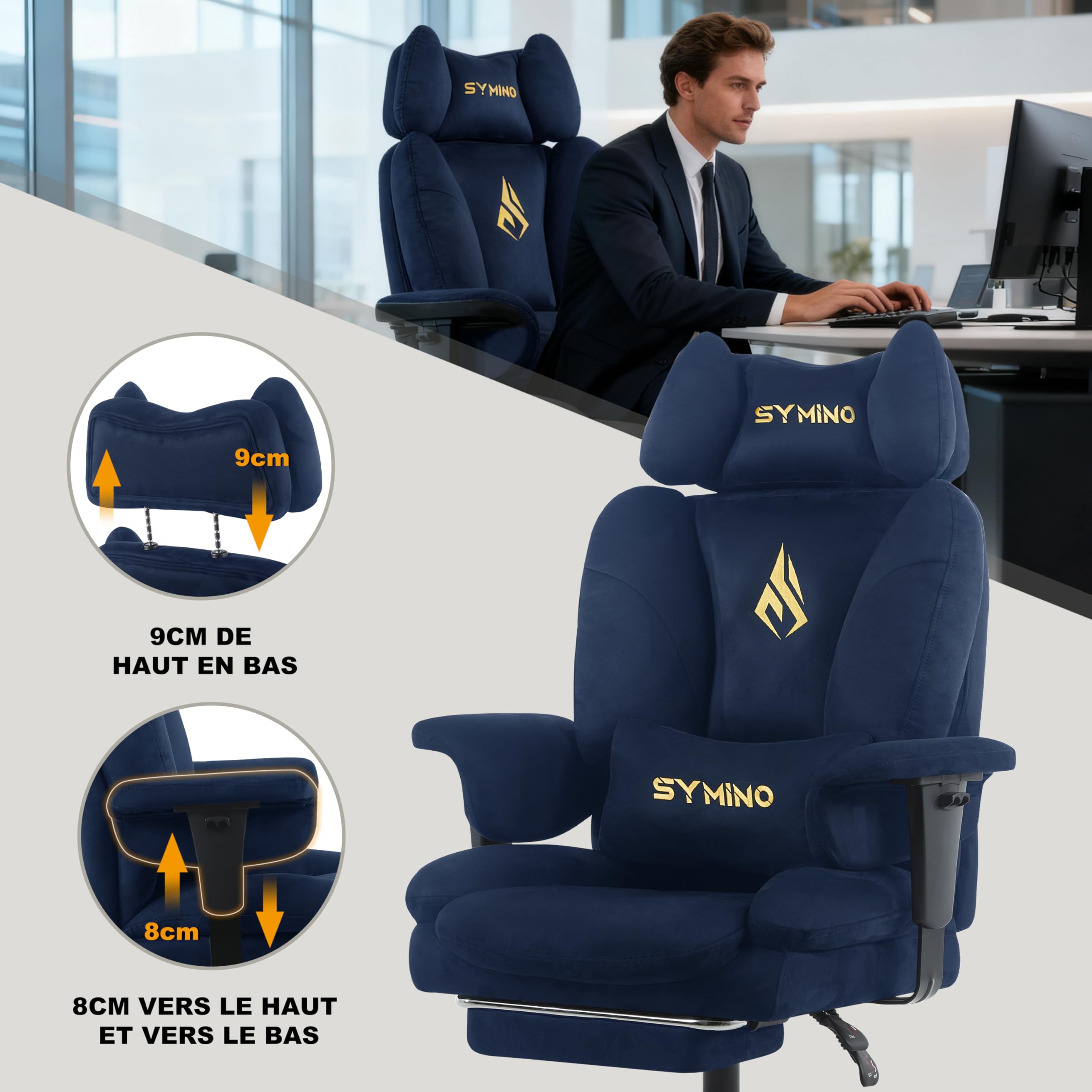 Symino Sedia Gaming in Tessuto Scamosciato Traspirante, con Poggiapiedi e Braccioli Regolabili in Altezza, Reclinabile 150°, Schienale Alto Ergonomico con Cuscino Lombare, Portata 150kg