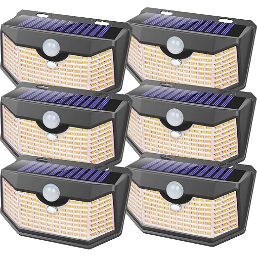 HMCITY 120 LED Outdoor Solar Lights- with Motion Sensor and 3 Lighting Modes, IP65 Waterproof Wide Solar Wall Lights Ideal for Garden Patio Yard (Front Button 6Packs, Warm White, 3000K)