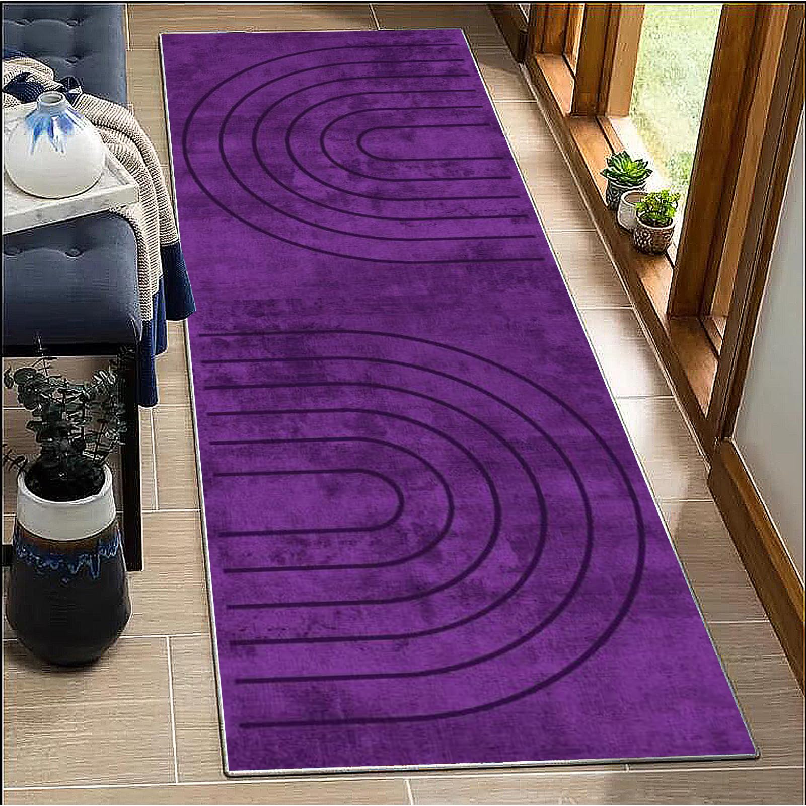 BORKOY Purple Solid Color Carpet Runner 50x350cm Low Pile Hallway Rug Non-Slip Backing Kitchen Floor Mat Extra Long Washable Indoor Doormat for Corridor, Bedroom, Entryway Modern Home Decor