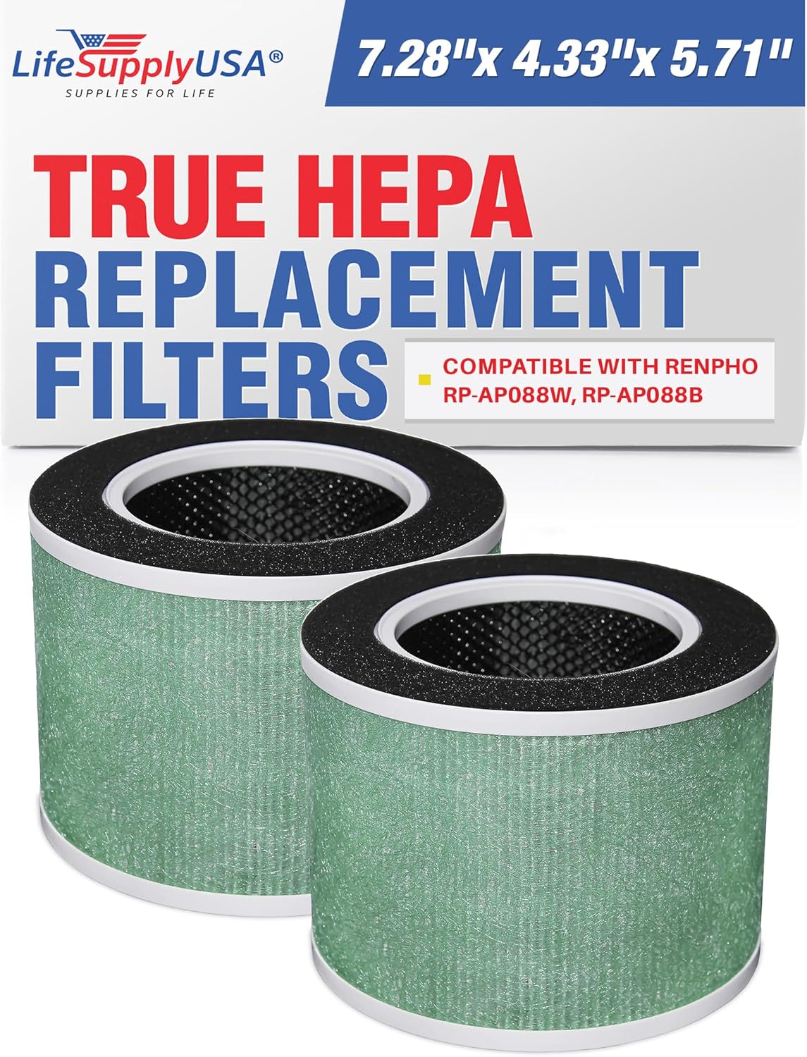RP-AP088-F2 Filter Replacement Compatible with RENPHO RP-AP088W, RP-AP088B, RP-AP088, 4-in-1 H13 True HEPA Toxin Absorber Filter with Activated Carbon & Pre-Filter by LifeSupplyUSA (2-Pack)