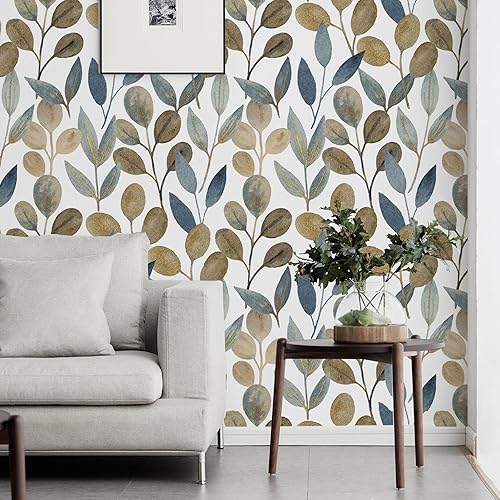 Miniatura 7 de BaoHArtHome Papel tapiz floral de hojas doradas, papel tapiz de contacto azul, papel de contacto extraíble, bohemio, acuarela, vintage, apto para