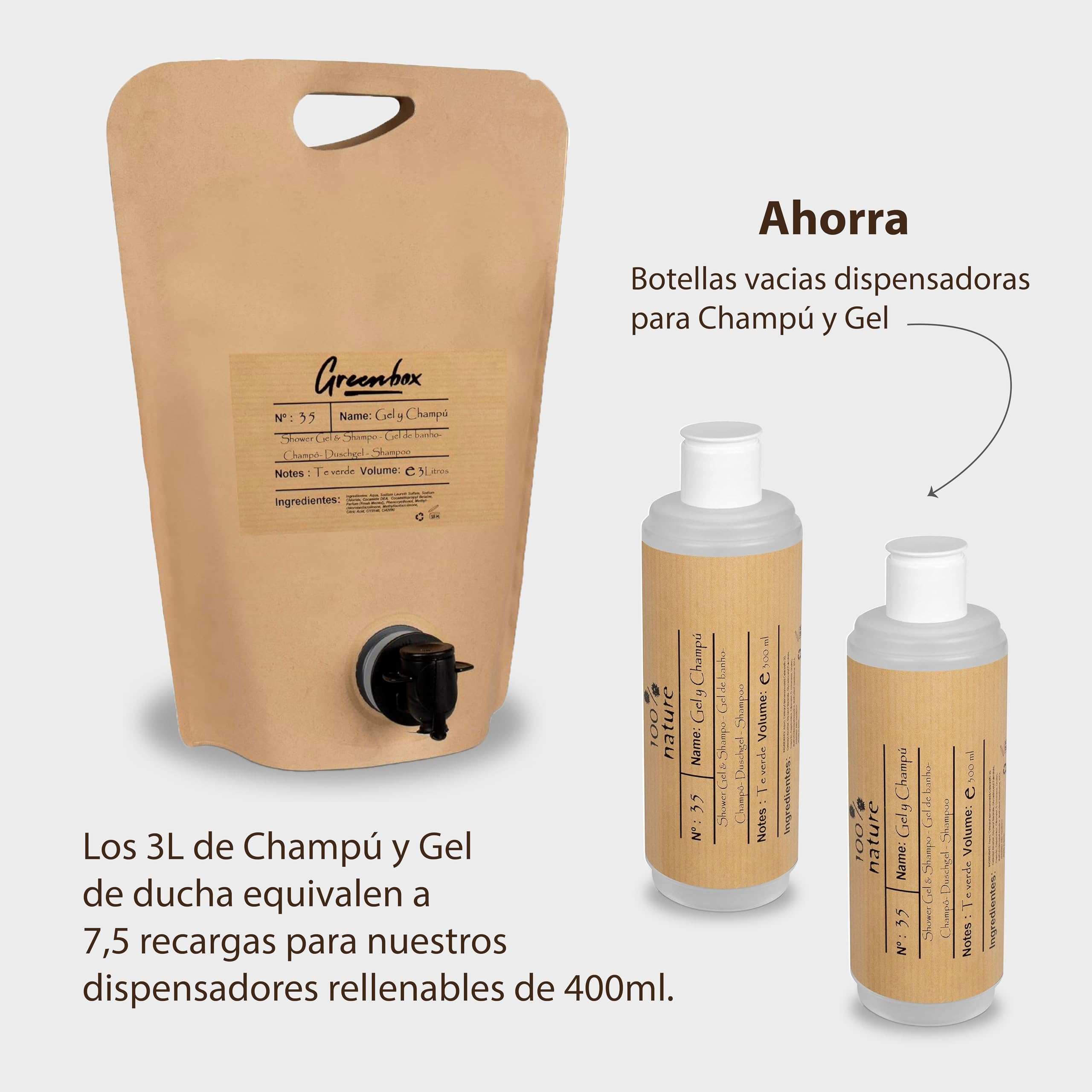 Ricarica gel e shampoo in "bag in box" BIO - Gel doccia e shampoo 2in1 con aroma di tè verde, 3L. Imballaggio ecologico e maniglia per il trasporto. Risparmia denaro e aiuta l'ambiente.
