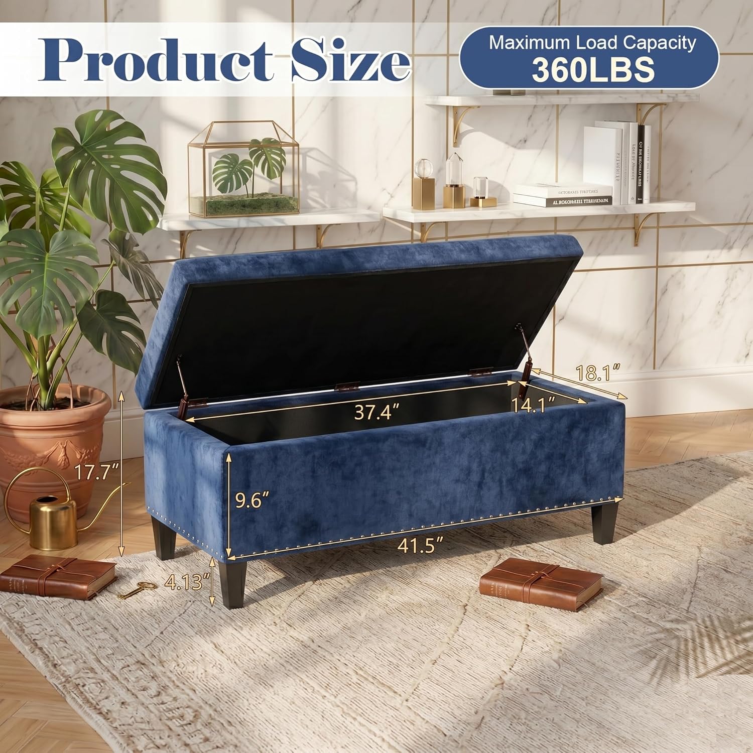 Joveco 41" Storage Benches, Microfiber Button Tufted Ottoman Bench with Nailhead Trim and Safety Hinges, Rectangular Bed End Bench for Bedroom, Living Room, Entryway, Navy Blue