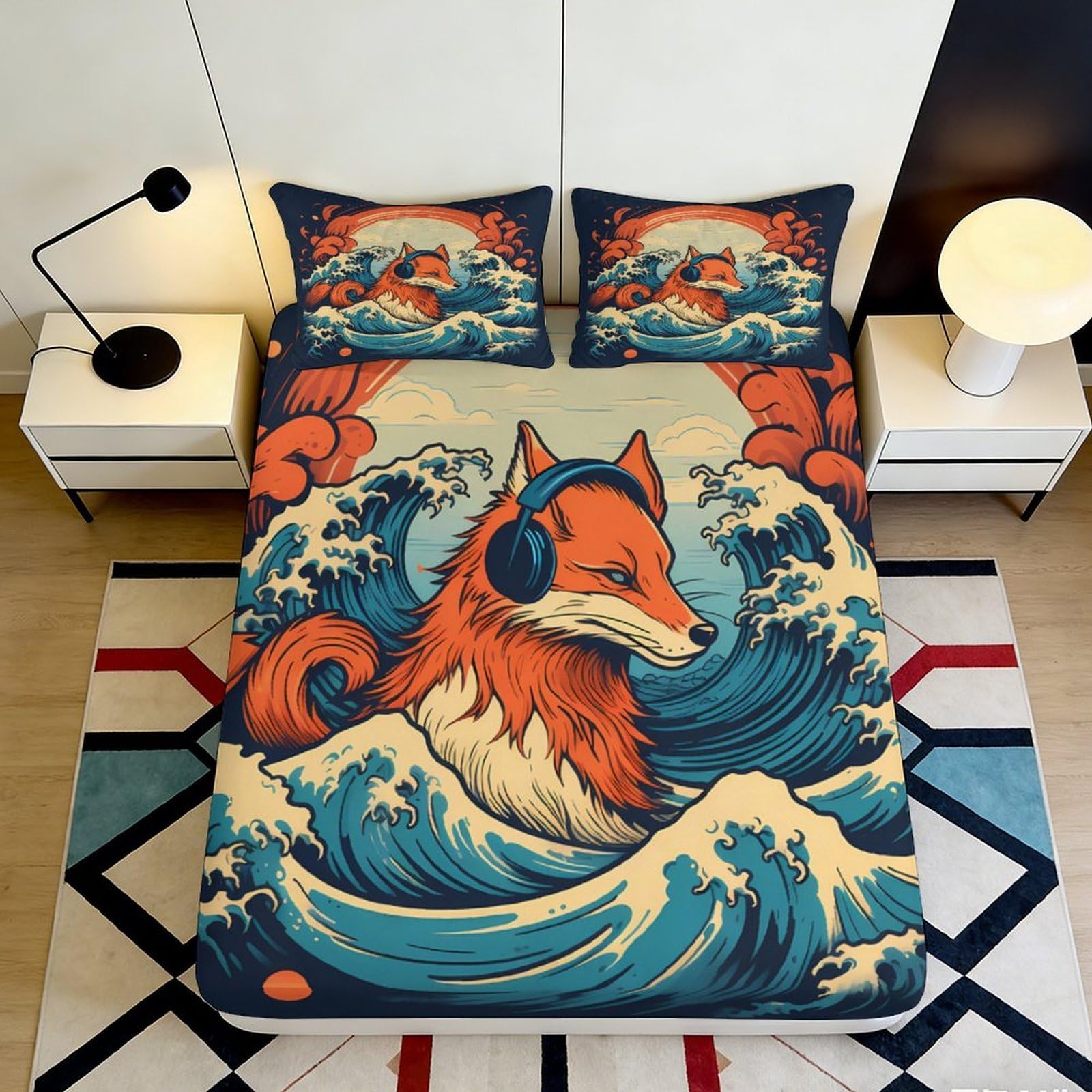 3D Printed Fox Headphones Fitted Sheet Microfiber Artistic Ocean Wave Mattress Cover for Bedroom Dorm Decorative 90x200x25cm