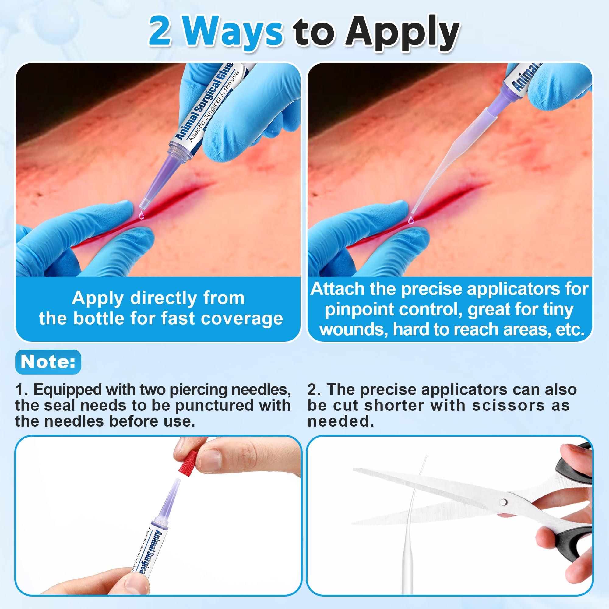 Veterinary Surgical Skin Glue, Strong Surgical Adhesive with 10 Precise Applicators, Blue Tinted Fast Acting Waterproof Wound Closure for Pets Dogs Cats, Pain Free & Stress Free(1 Pack,2ml) — Amazon image 7