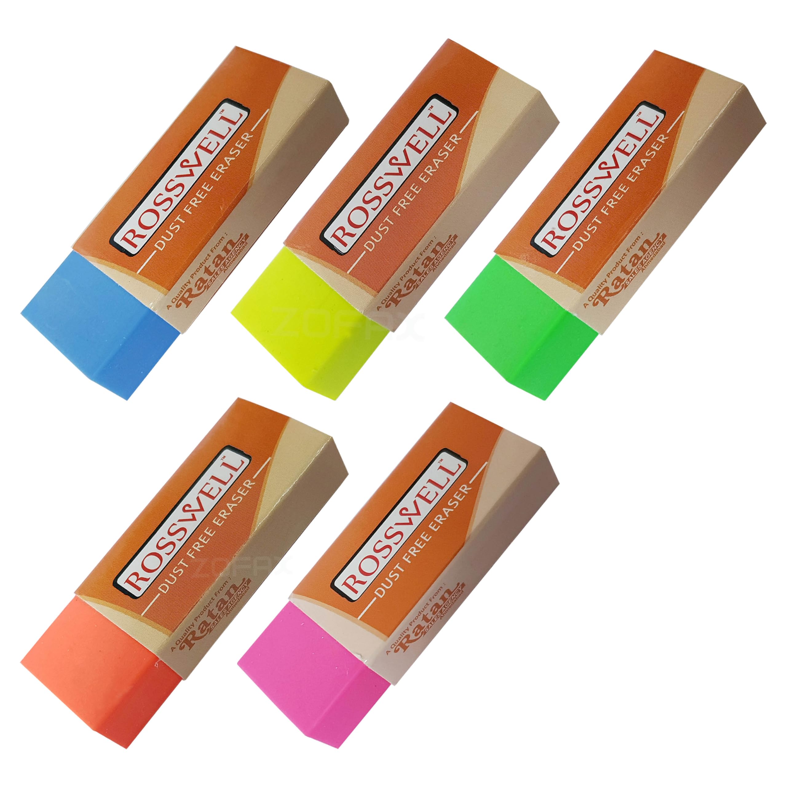 RUBWELL Pencil Erasers, Large, Pack of 5, Multicolour Colour Multipack Rubbers, Durable Soft Erasers, Ideal for School Office Home Use, iZOFAX Black Ball Pen