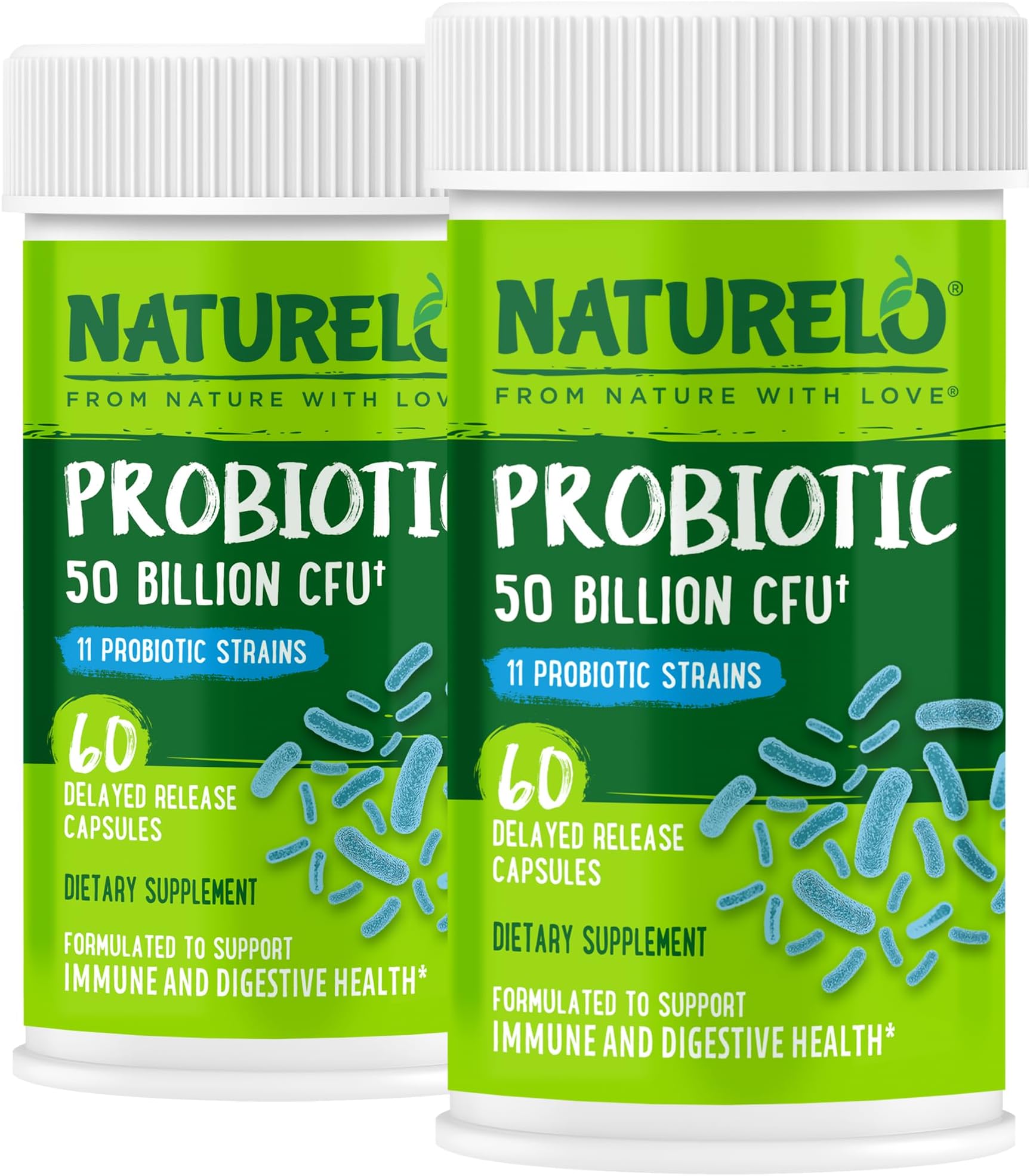 NATURELO Probiotics for Digestive Health - 50 Billion CFU, 11 Strains, Daily Use Supplement - Boosts Immune System, Delayed Release, No-Fridge, 60 Vegetarian Capsules (Pack of 2)