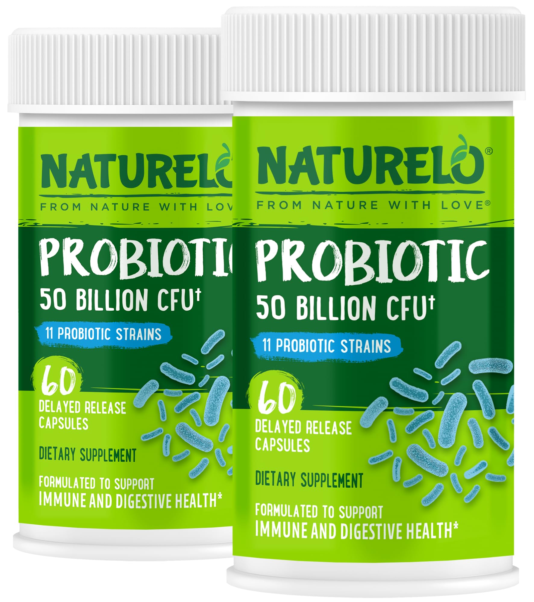 - NATURELO Probiotics for Digestive Health, 50 Billion CFU, 60 Vegetarian Capsules, 11 Strains, Daily Use Supplement, Delayed Release, No-Fridge, Boosts Immune System, Probiotics for Women & Men