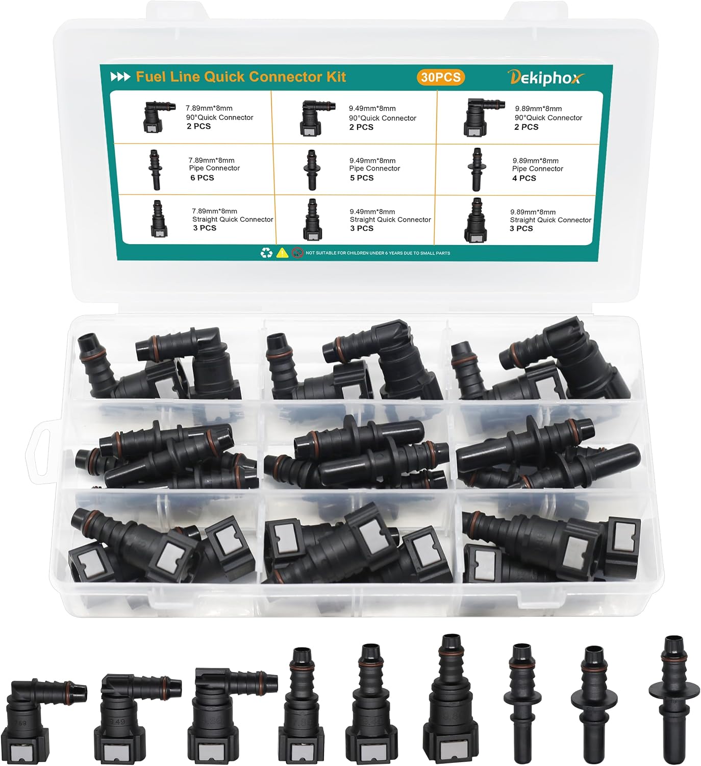 30pcs Fuel Line Repair Kit, Assorted Fuel Line Quick Connectors Hose Release Connect Fittings SAE 7.89mm 9.49mm 9.89mm to ID 8mm