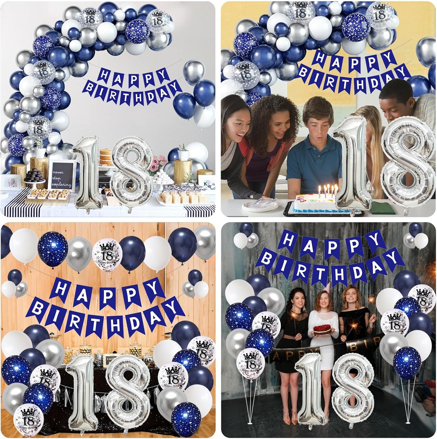18th Birthday Decorations for Boys Blue Silver Balloons Garland Arch Kit with Number Foil Confetti Balloon Happy Birthday Bunting Banner Navy Blue Silver Party Decor for 18 Years Old Girls Anniversary - Image 5