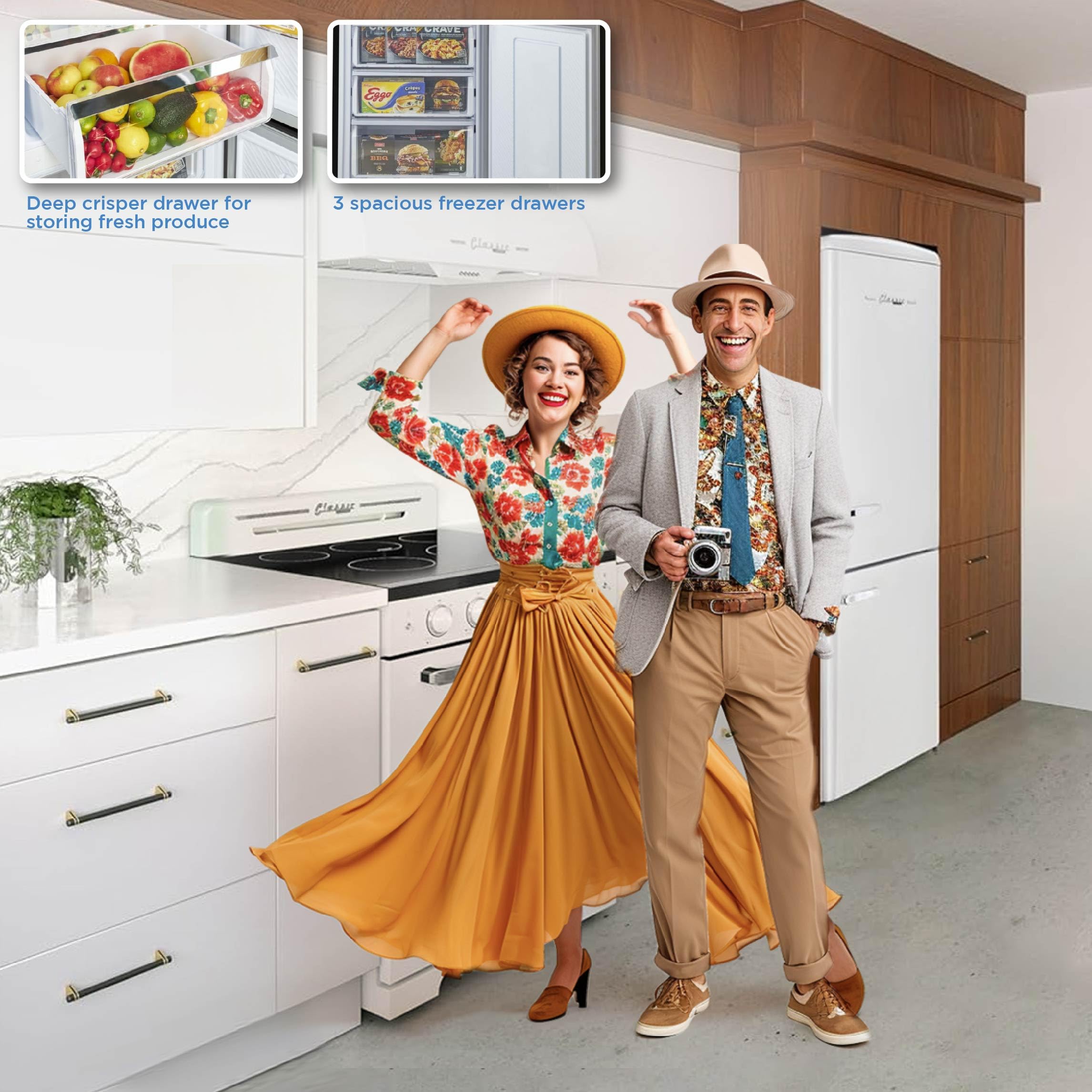 Unique Appliances Classic Retro Refrigerator, Electric Bottom-Mount Fridge With Intuitive Control Panel, 4 Glass Shelves, And 3 Freezer Drawers, Frost-Free, 12 Cu./Ft., Marshmallow White on Fridge.com - View 5