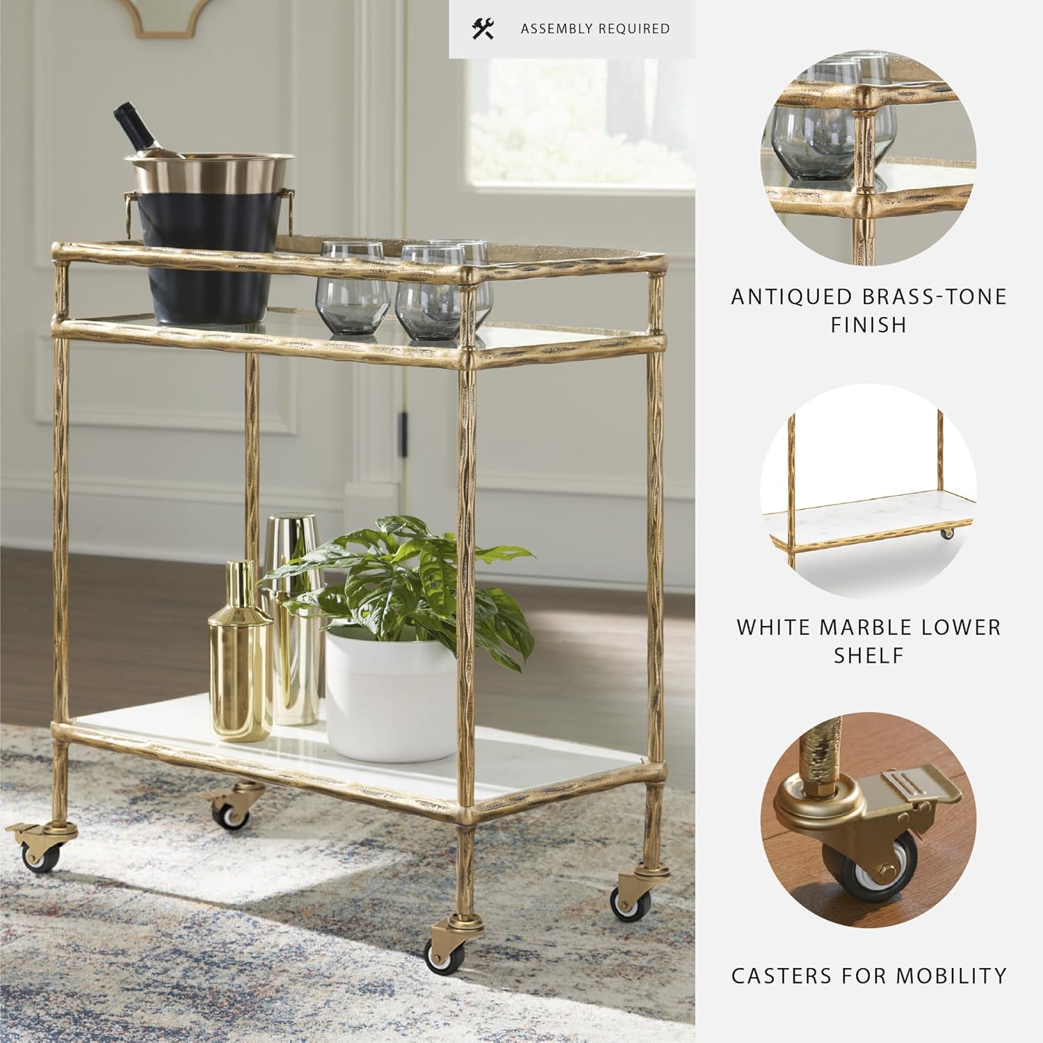 Signature Design by Ashley Plattfield Casual Antiqued 2-Tier Bar Cart with Casters, for Kitchen and Dining Room, Metallic & White