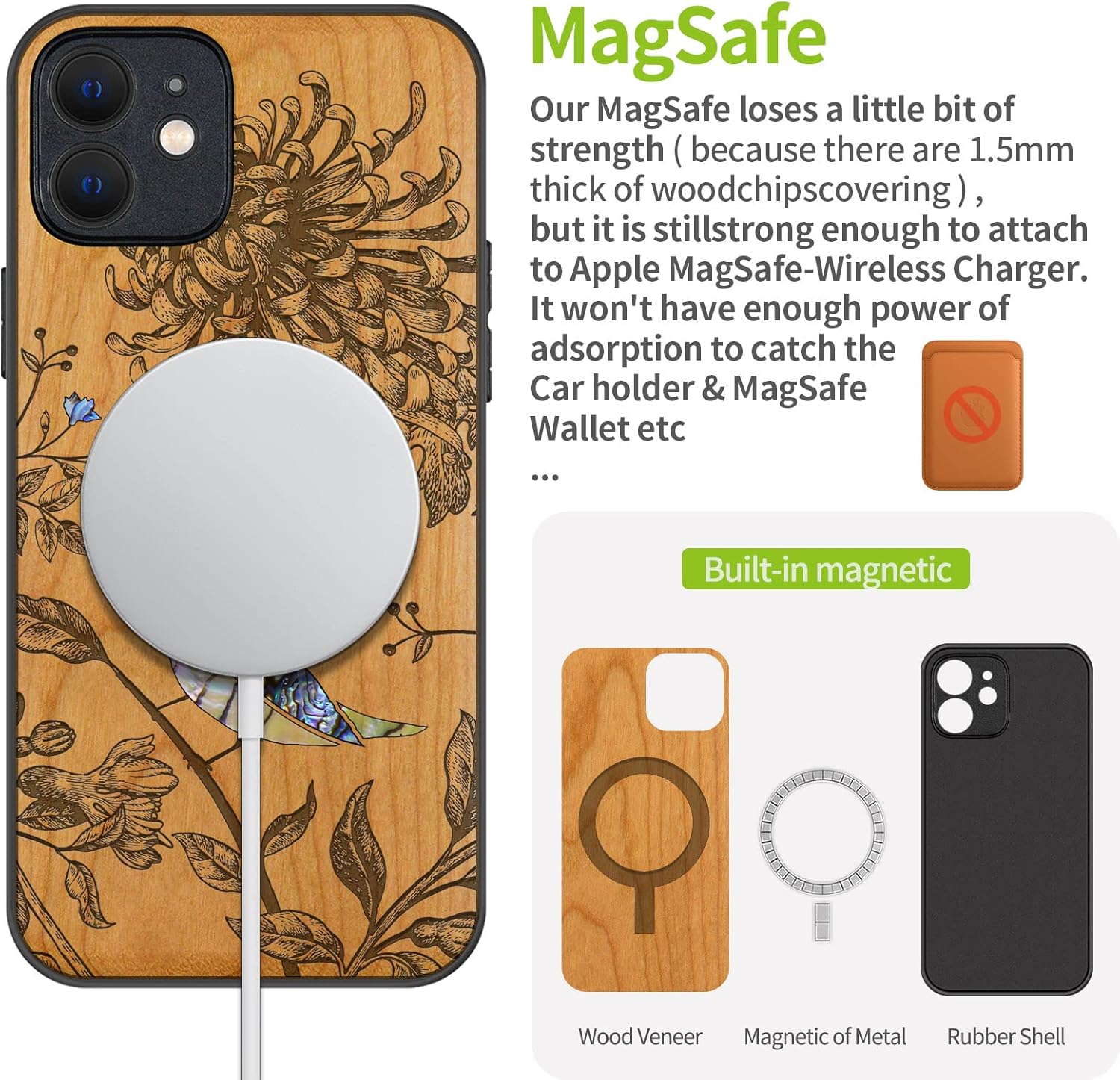 Carveit Designer Wooden Protective Case for iPhone 12 Magnetic Cover [Wood Engraving & Shell Inlay] Compatible with iPhone 12 MagSafe (Flowers and Bird-Cherry)