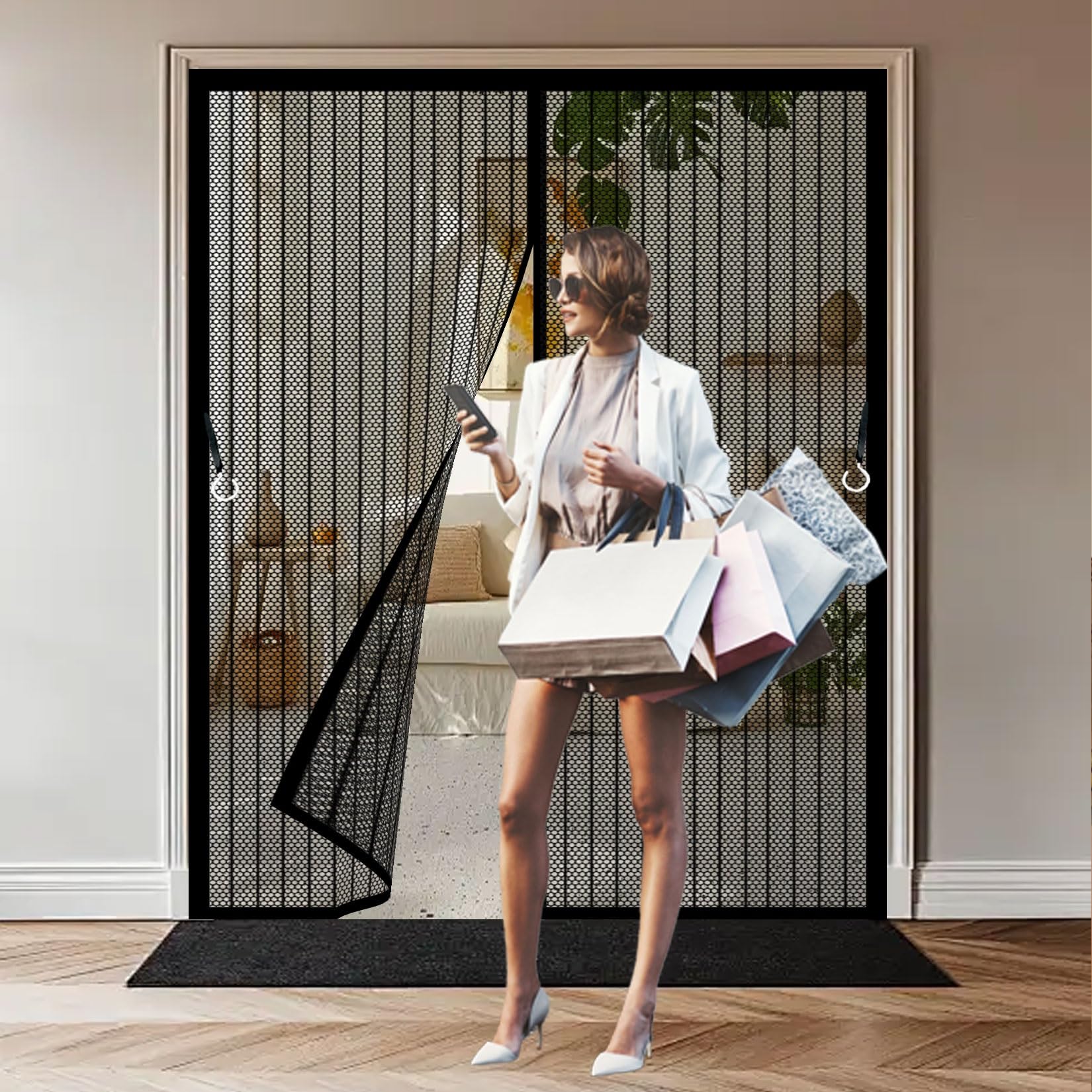 Mosquito Door Screen 173 x 155 cm Powerful Magnets, Self-Sealing, Polyester Door Screen, Nets Patio Curtain Without Drilling, Heavy Duty for Living Garage Doors, Black