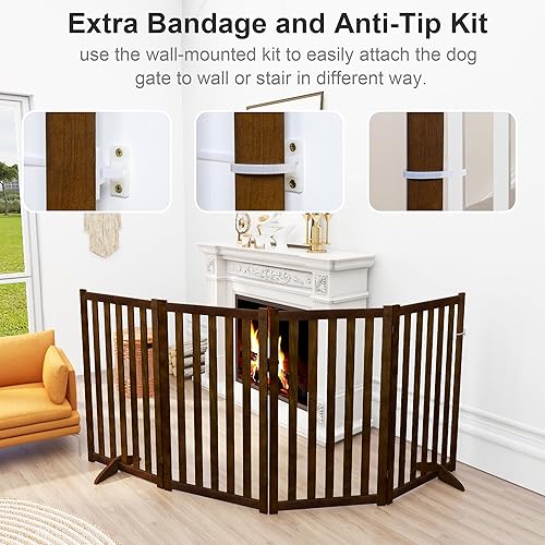 Miniatura 5 de Puerta independiente extra alta de 36 pulgadas de altura para mascotas, valla de seguridad plegable de madera maciza con 2 pies de soporte, ideal