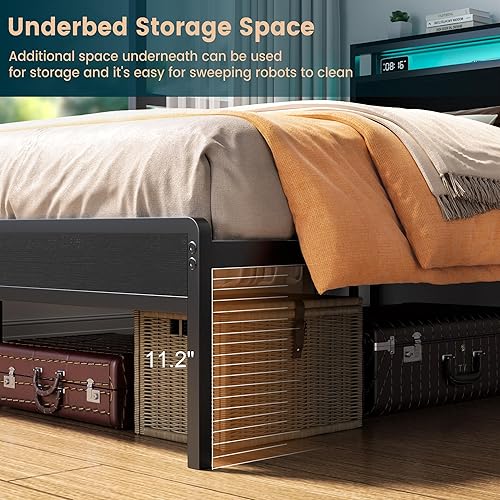 Miniatura 7 de Homieasy Base de cama de tamaño matrimonial con estación de carga y luces LED, plataforma de metal industrial con cabecera de almacenamiento,