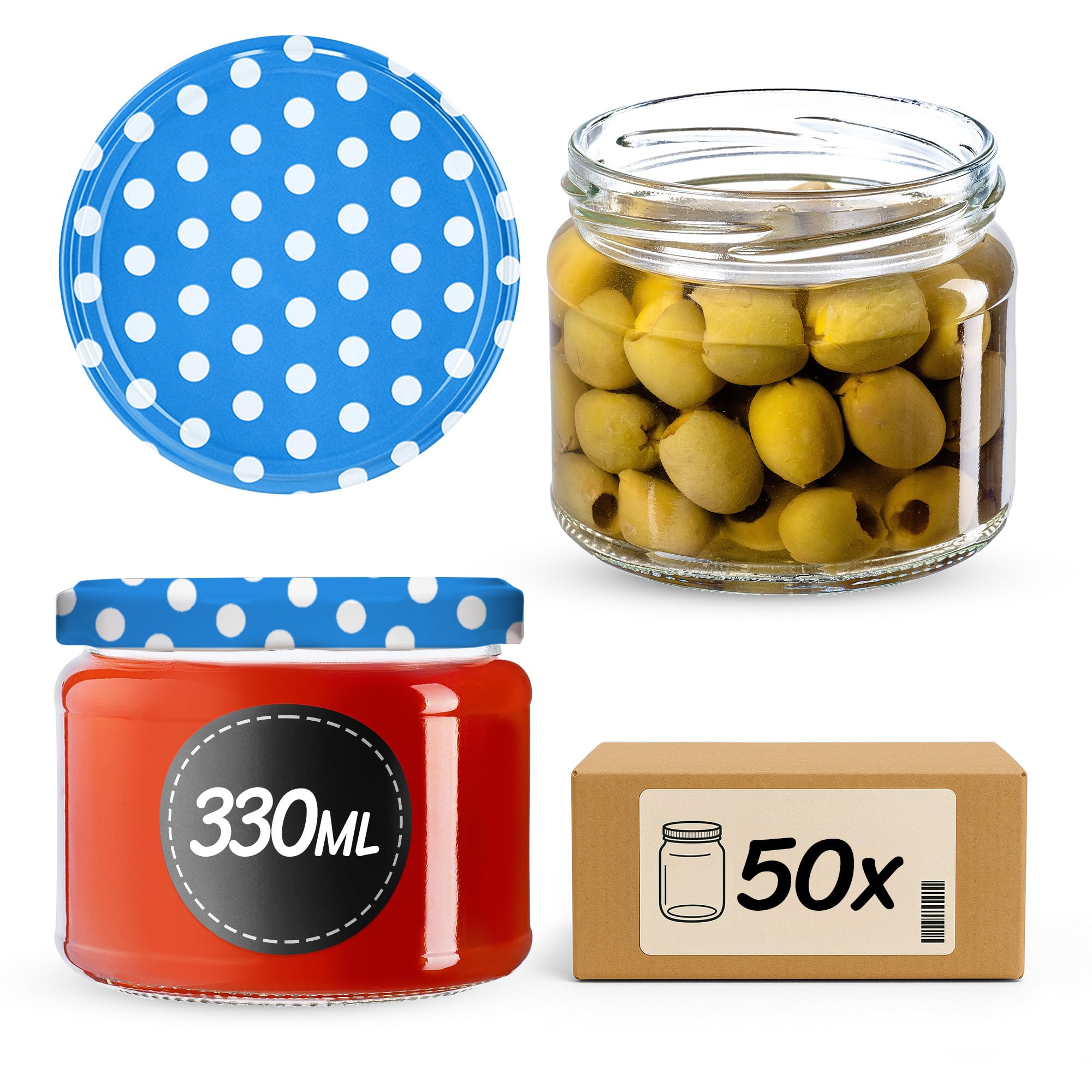 KADAX 50er Set Marmeladengläser 330ml TO82 Blau gepunktet, Einmachgläser Vorratsgläser Mason Jar mit Schraubdeckel, Luftdichte Schraubgläser, Honig & Konfitüre