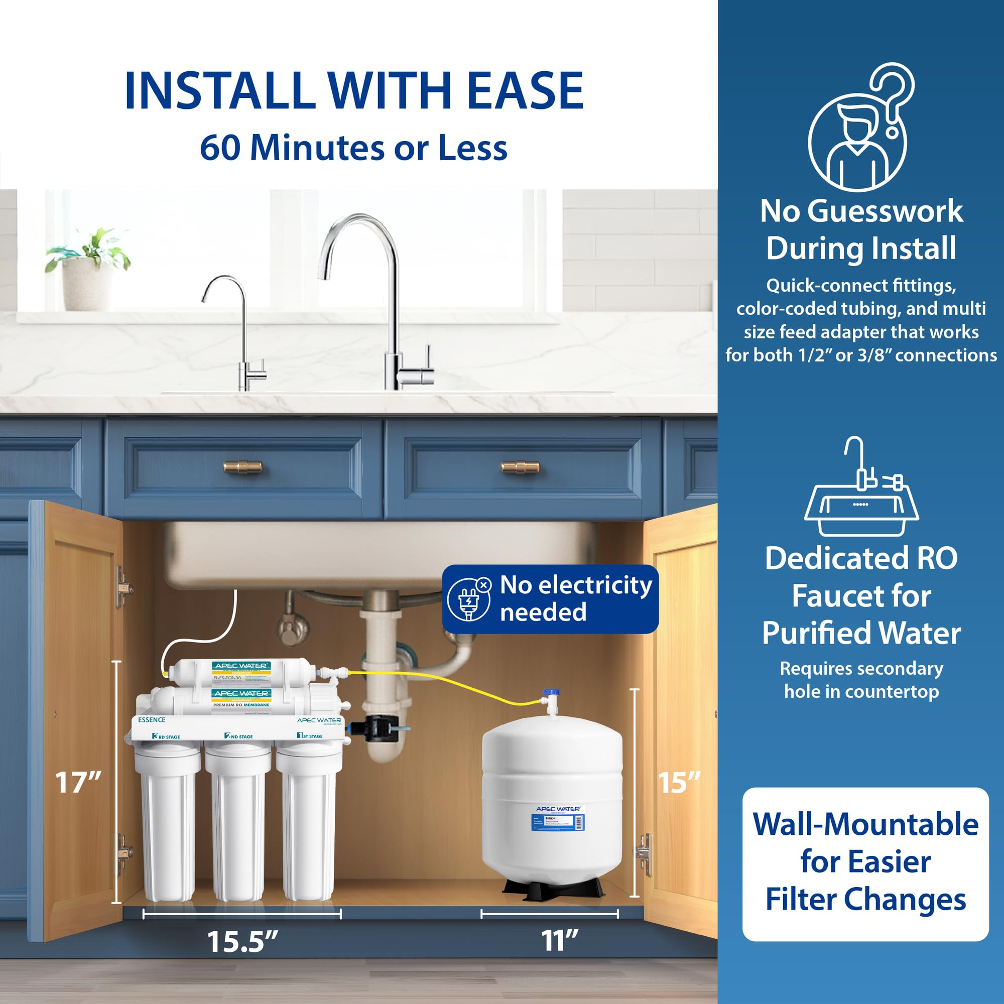 APEC Water Systems Essence ROES-100 Sistema de filtro de agua potable de ósmosis inversa de 5 etapas, 100 GPD, dispensación rápida, 1:1 puro para drenar