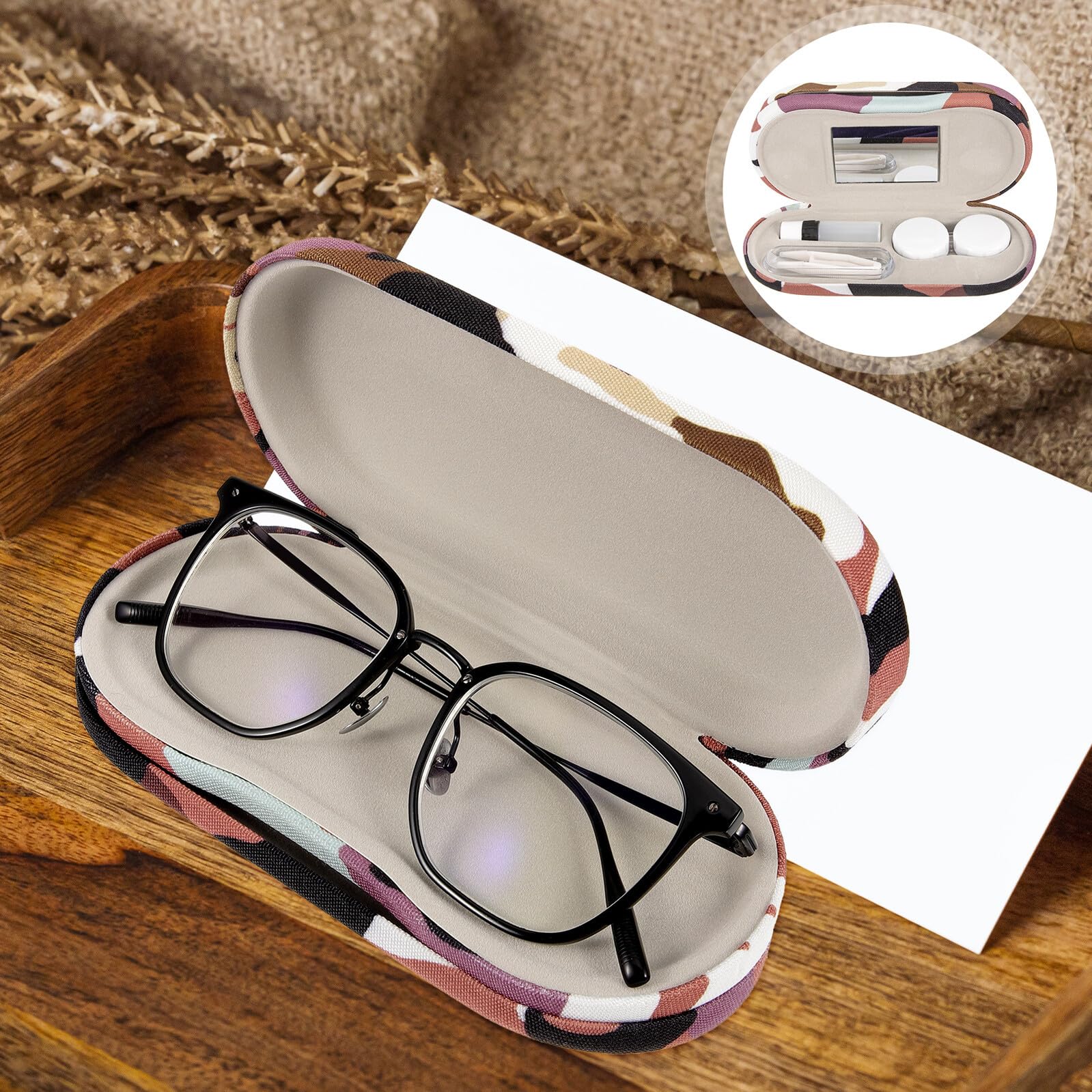 Portaocchiali da Viaggio in Plastica e Tessuto Doppio Strato, Custodia Protettiva con Motivo Camouflage per Occhiali da Vista da Sole, Organizer Multiuso per Proteggere Lenti