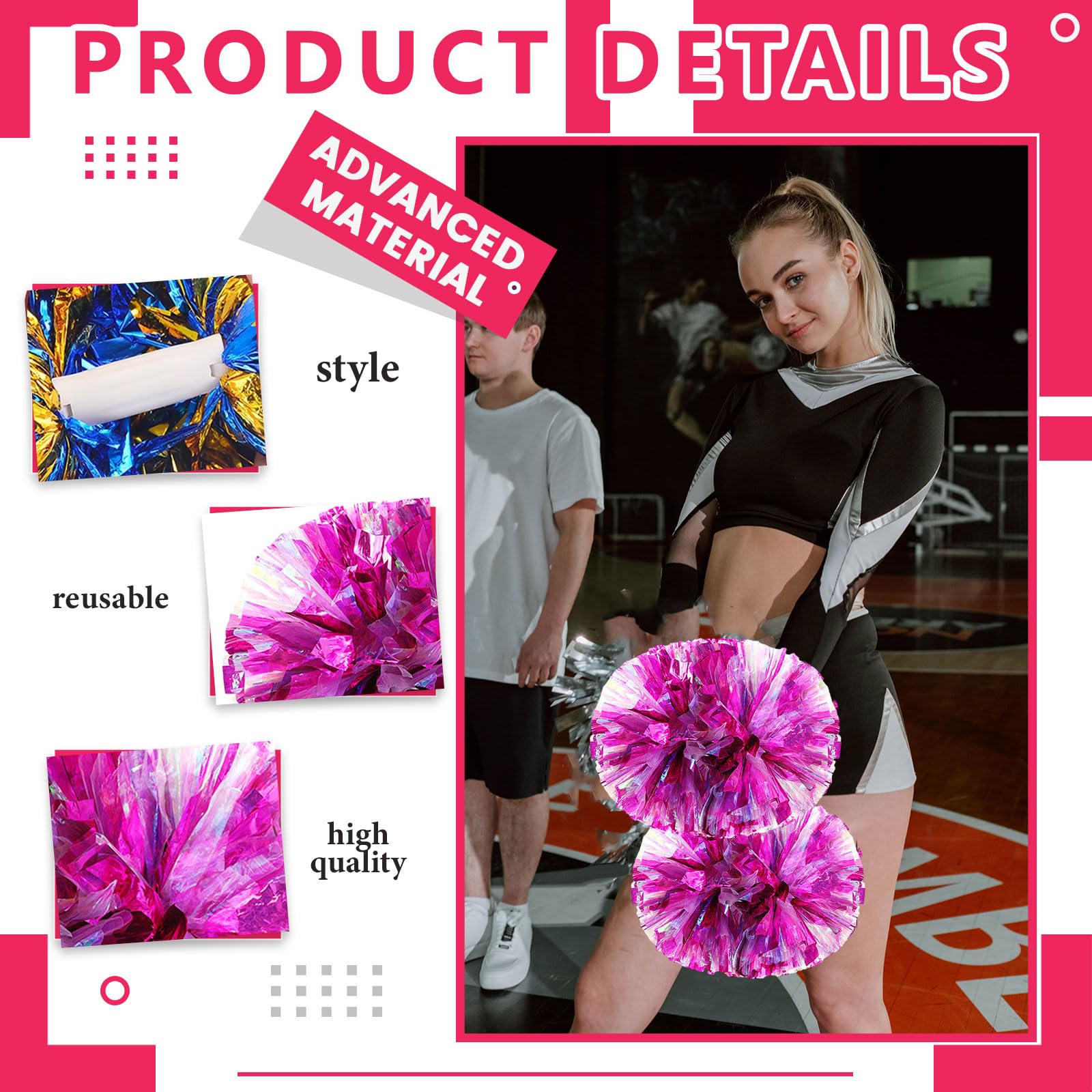 Lot de 20 pompons de 35 cm, pour entraînement sportif, danse, équipe, avec poignée. (Couleur éblouissante + poudre)