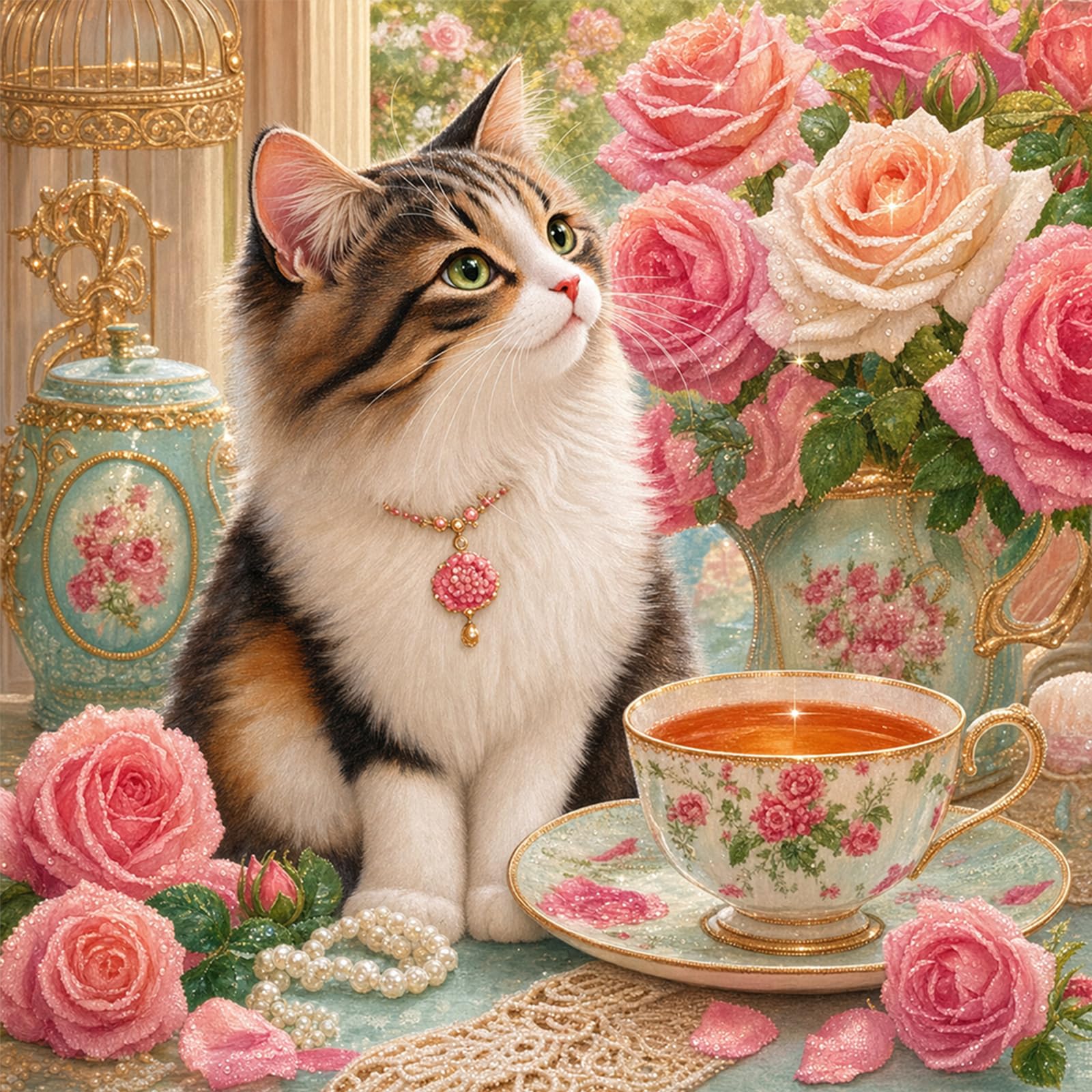 Poetrydraw Rose Tea Party Cat Diy 5D Round Drill Diamond Art Painting Kit - Wall Decor & Gift, 15.75X15.75in