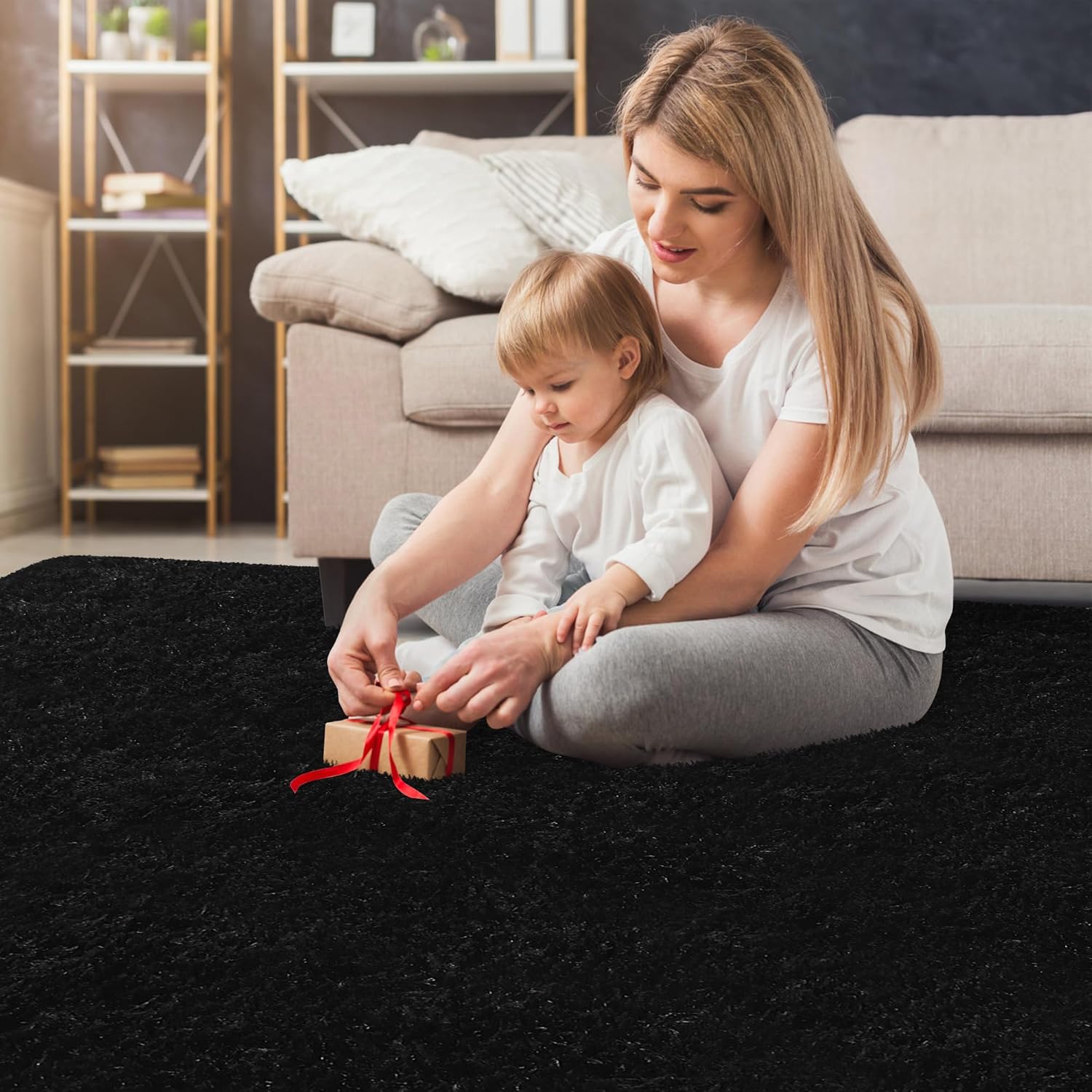 5x8 ft Fluffy Shag Area Rug for Bedroom,Ultra Soft Thick Rug for Living Room,Big Shaggy Carpets Fuzzy Rug Plush for Teens Dorm Nursery Home Decor Aesthetic, Non Slip Durable,Black