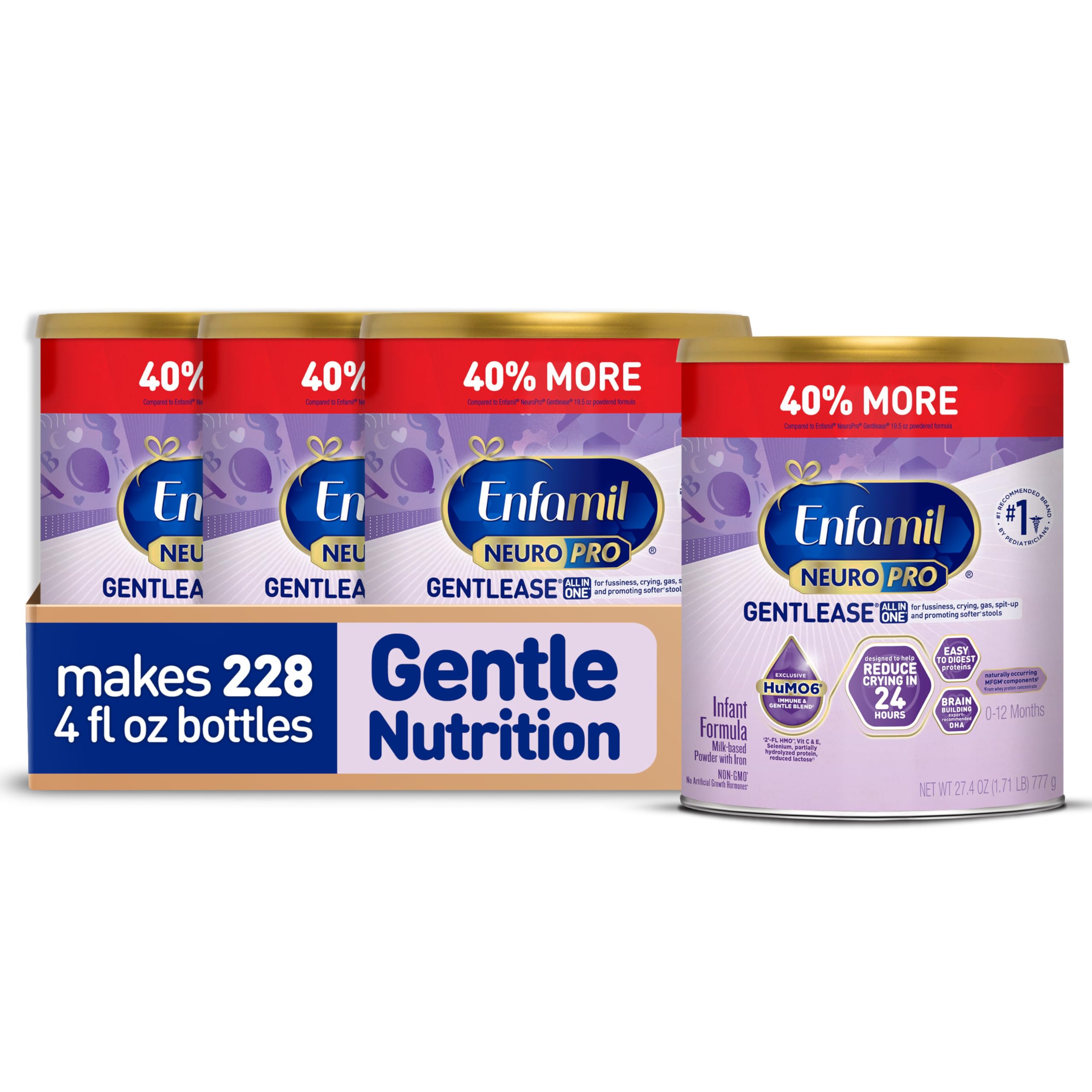EnfamilNeuroPro Gentlease Baby Formula, Infant Formula Nutrition, Brain Support that has DHA, HuMO6 Immune Blend, Designed to Reduce Fussiness, Crying, Gas & Spit-up in 24 Hrs, has Prebiotics to Promote Softer Stools, 27.4 Oz, 4 Cans