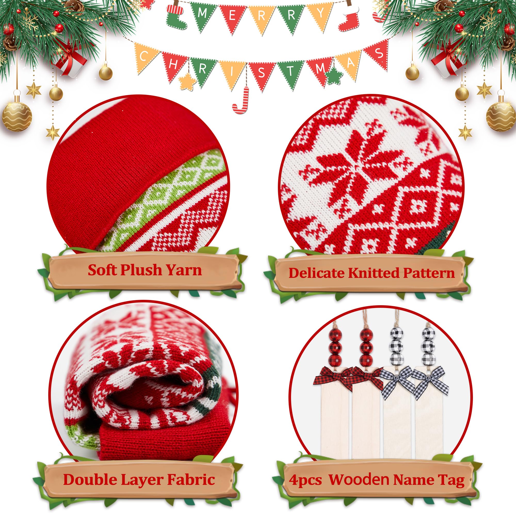 Mostop Confezione da 4 calze natalizie a maglia, 45,7 cm, a treccia, renna, fiocco di neve, pupazzo di neve, calze natalizie con 20 supporti a stella per Natale, vacanze, feste di Natale, decorazioni