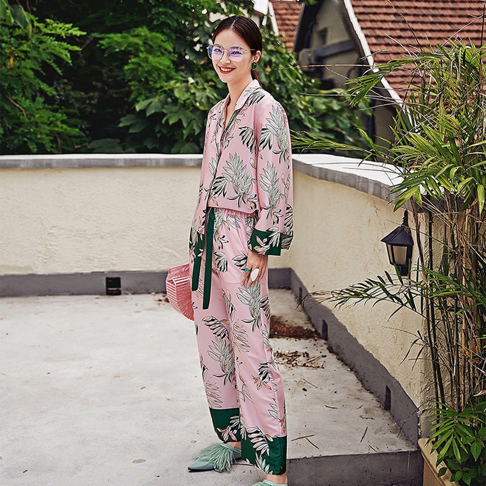 Pigiama Donna Stampa Floreale Donne Pigma Set Rosa Inverno Inverno Signore Abiti da Casa Autunno Pijama 2 Pezzi con Pantaloni Indossa