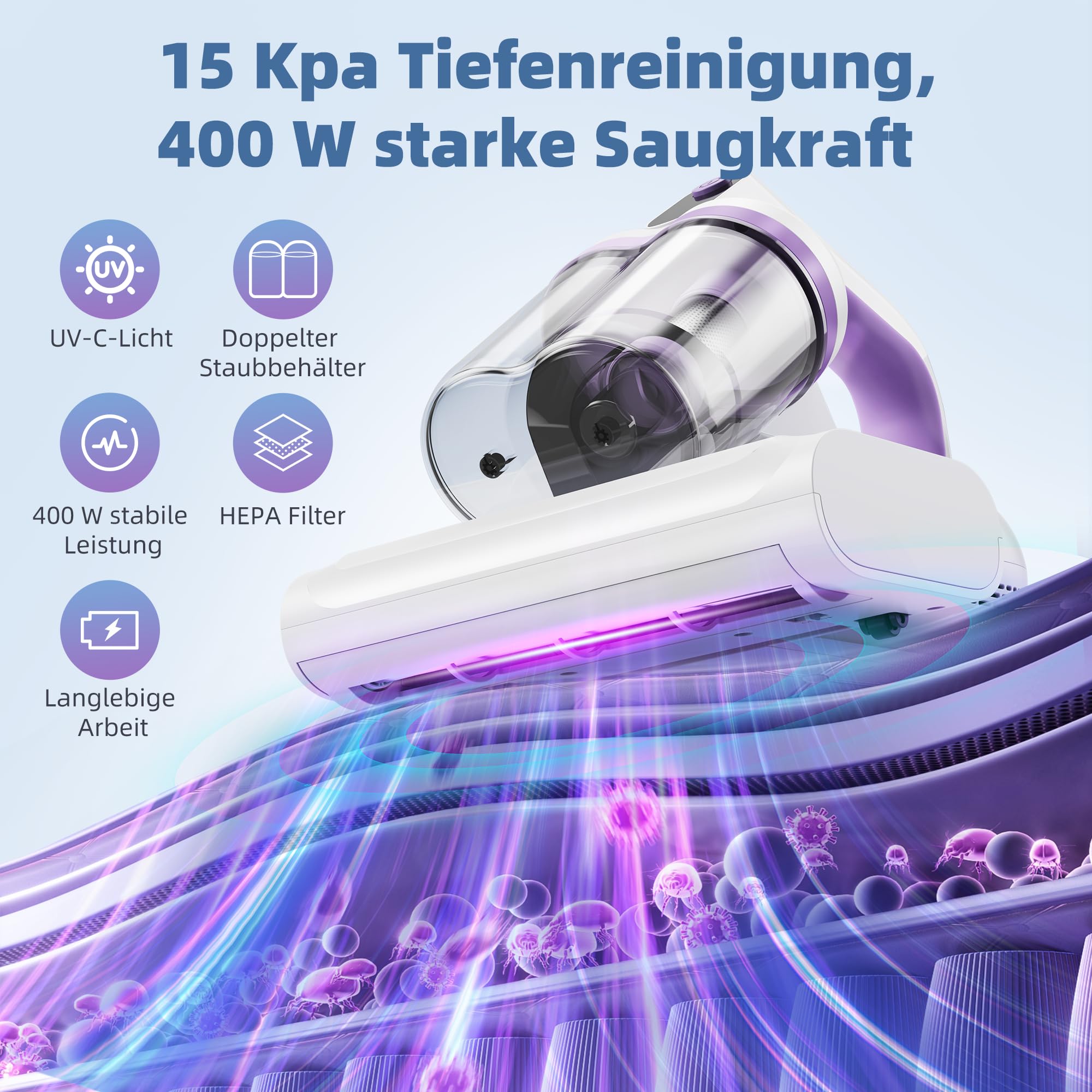 Milbensauger Matratzen UV Licht 15Kpa Starke Absaugung Heißer Wind Hausstaubmilben Bekämpfen