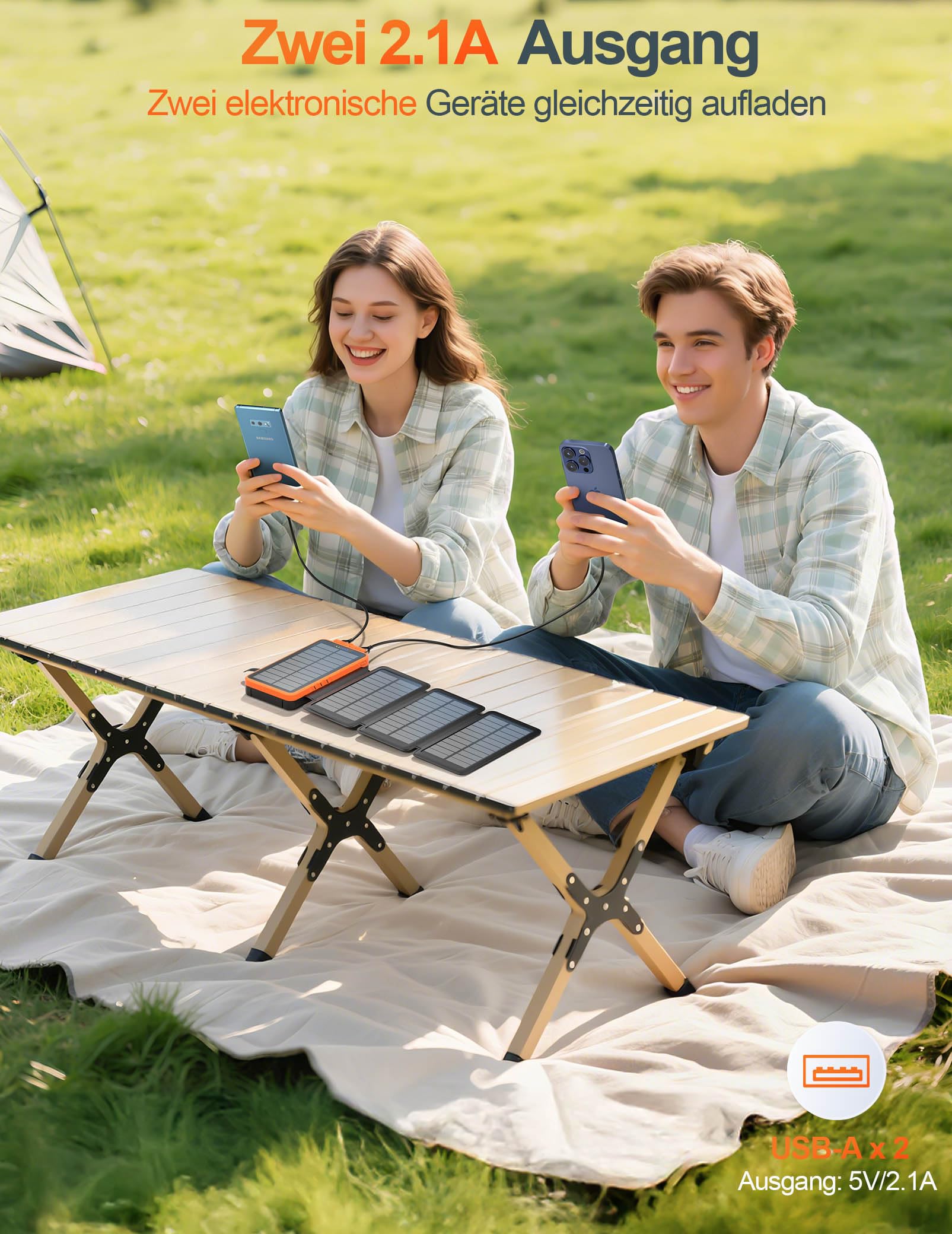 elzle Solar Powerbank 26800mAh, 4 Solarpanel, Outdoor Camping | Wasserfestes Design, 4 Modi Taschenlampe, 5V/2.1A, 5V/3.1A Ausgang, 2 USB-A, 1 USB-C, 5W Solar Eingang, für Handy, Tablet