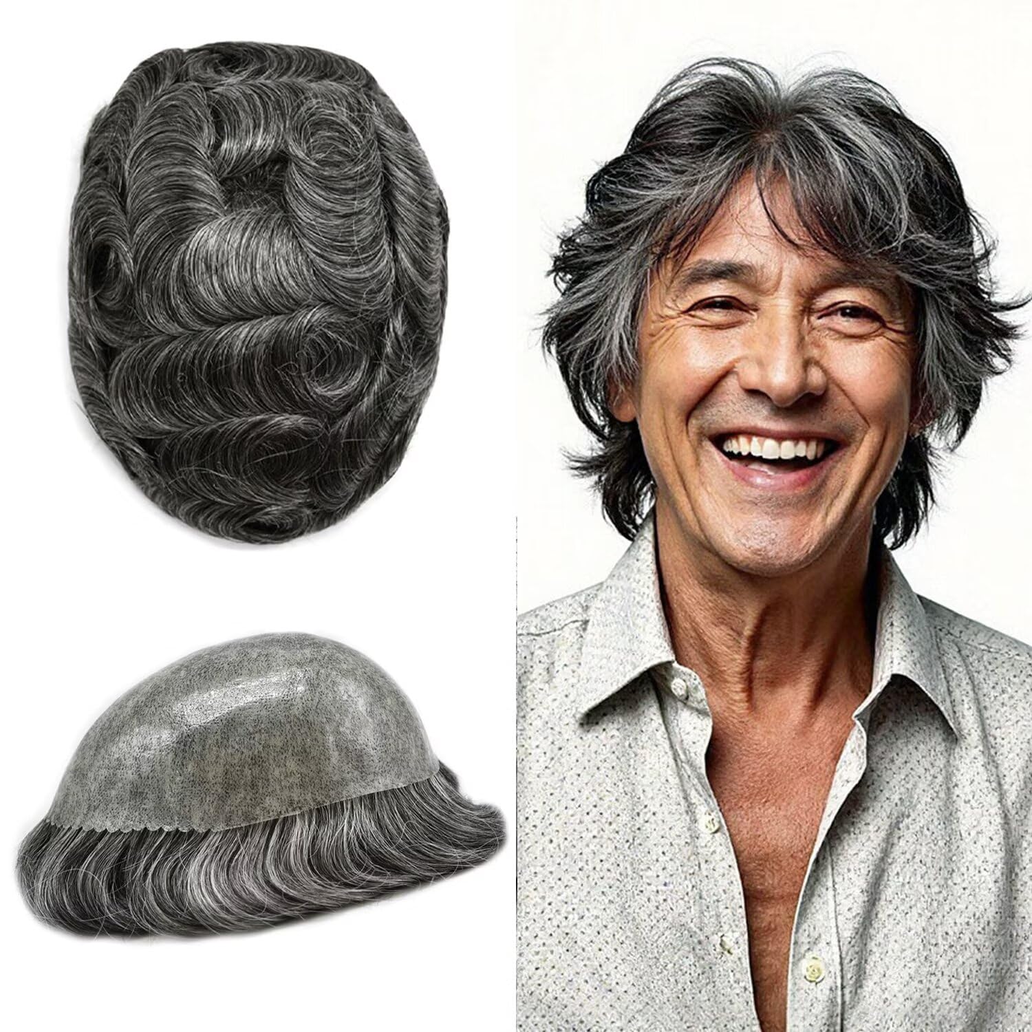 Toupee for Men Real Human Hair Replacement System 0.10mm Full Poly Skin Invisible PU Mens Hairpiece Durable Thin Skin Hair Unit 8"x10" #1B50 Off Black Mixed 50% Gray