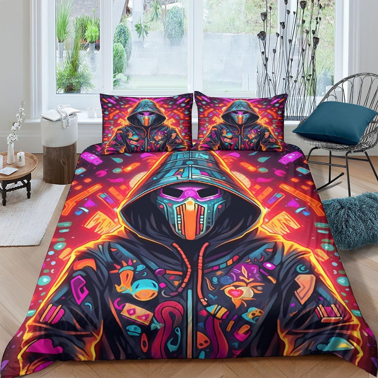 Ctjqhvkz Style-5 3D Printed Neon Graffiti Fitted Sheet Microfiber Anti-Slip Urban Mask Bed Cover For Bedroom Decor Machine Washable Single（135X200cm）